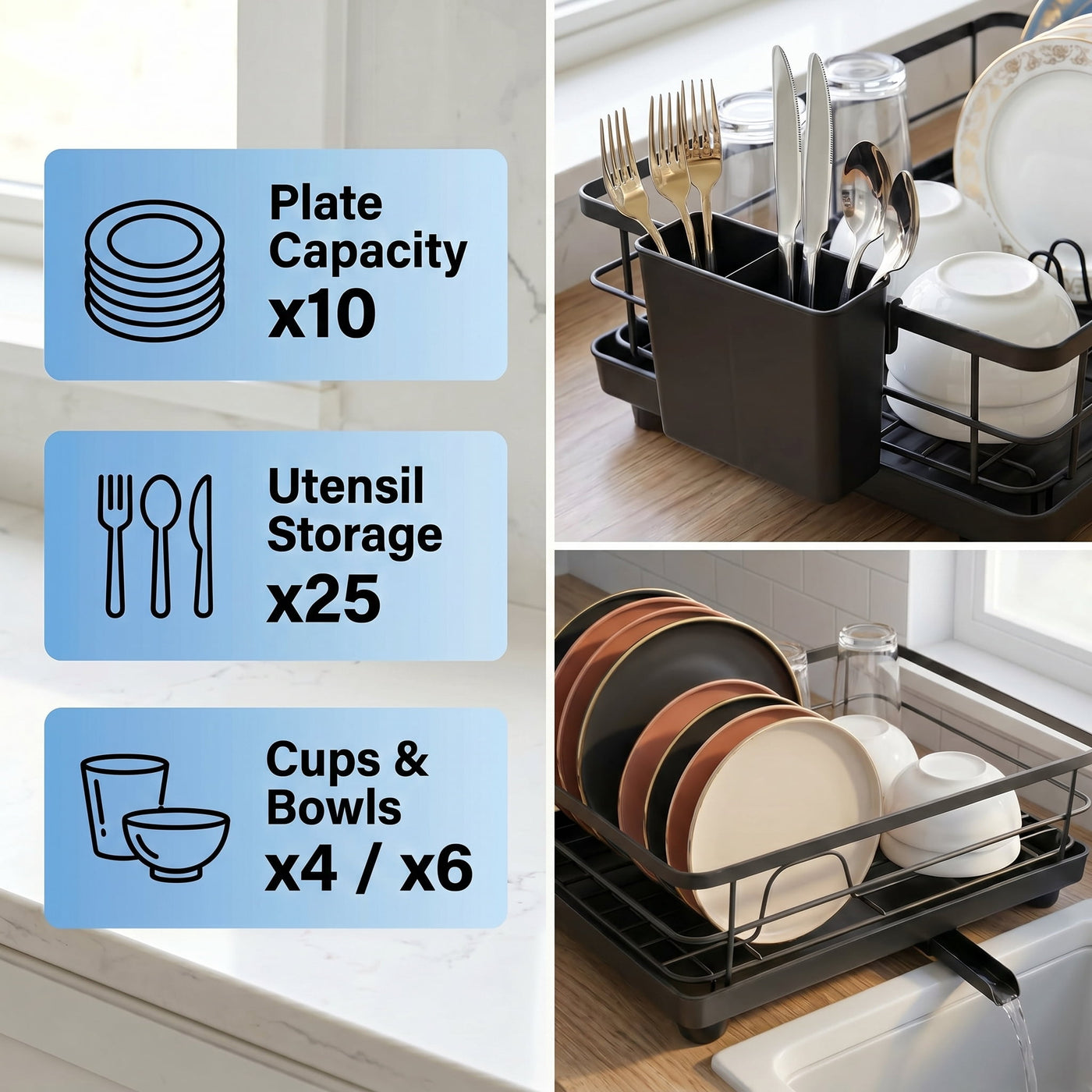 Metal Dish Drying Rack for Kitchen Counter (15.6" × 12") — Black Coated Steel with Removable Utensil Holder and Swivel Drainboard