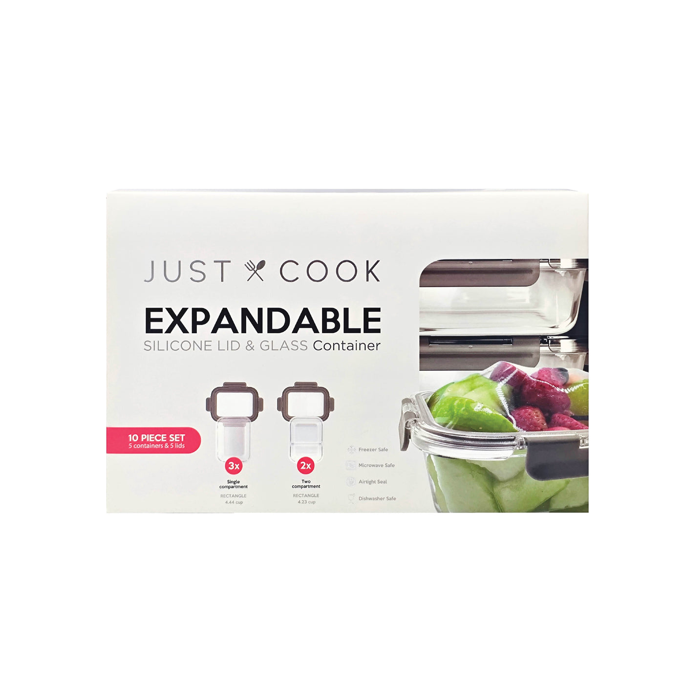Just Cook Glass Food Storage Container Set with Expandable Lids for Meal Prep, 10-Pack, for Pantry Organization, Meal Prep and Dry Food Storage