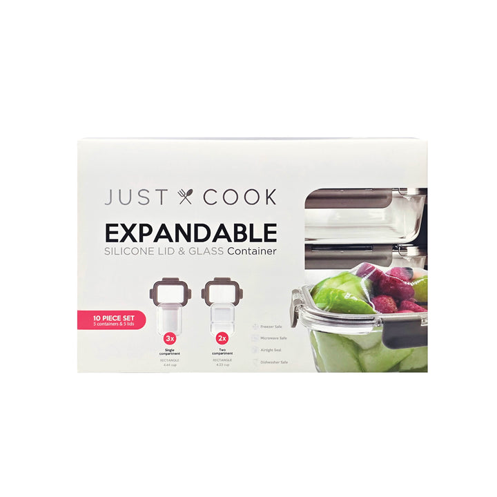 Just Cook Glass Food Storage Container Set with Expandable Lids for Meal Prep, 10-Pack, for Pantry Organization, Meal Prep and Dry Food Storage