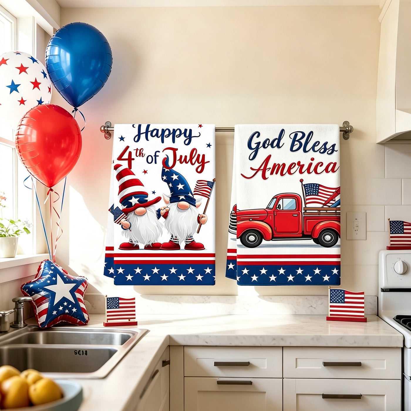 4-Piece 4th of July Patriotic Kitchen Towel, 16" X 24" American Flag Stars Kitchen Dish Towels, Red White Blue Absorbent Hand Towel for Independence