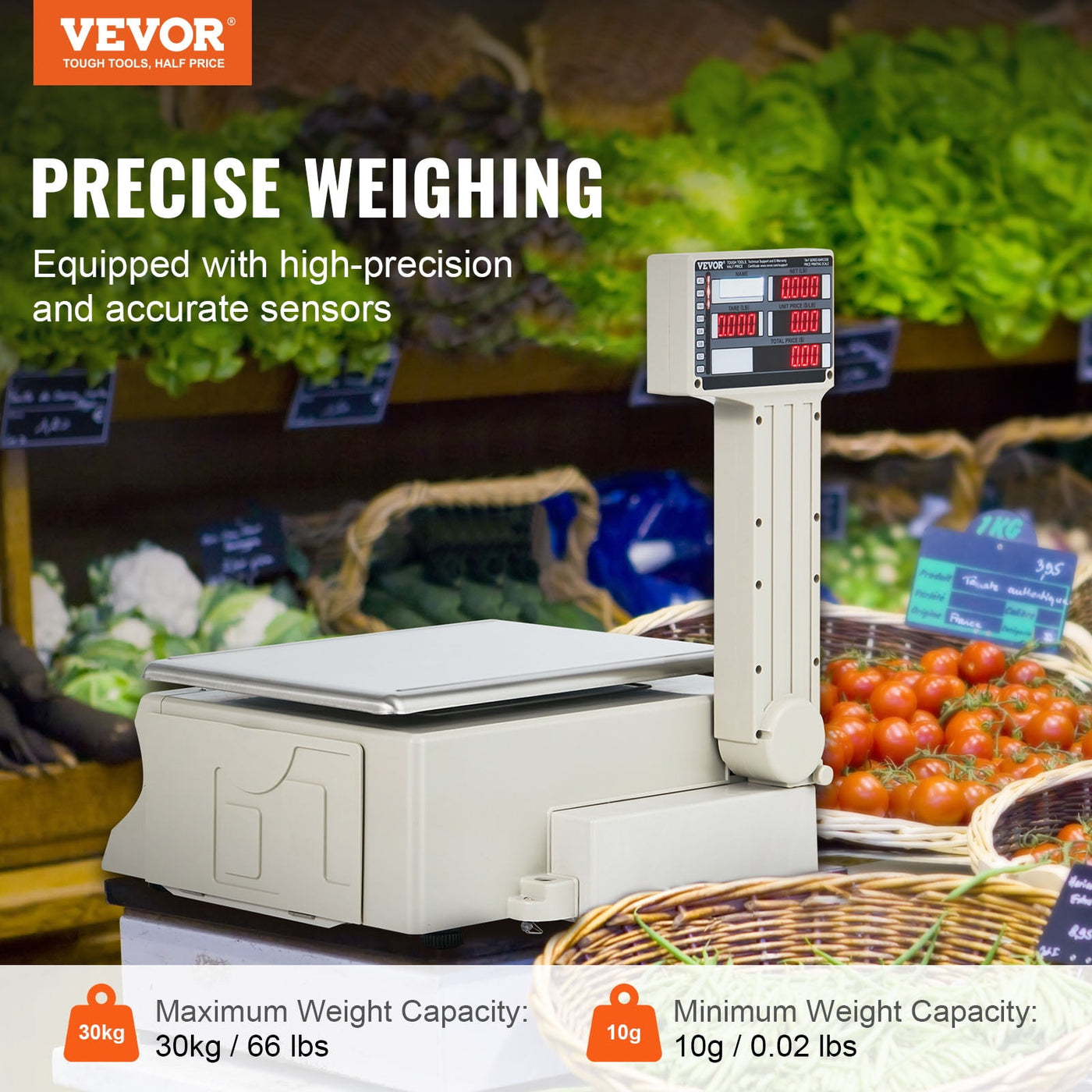Electronic Price Computing Scale, 66 Lb Digital Deli Weight Scales, LCD and LED Digital Commercial Food Fruit Meat Produce Counting Weight