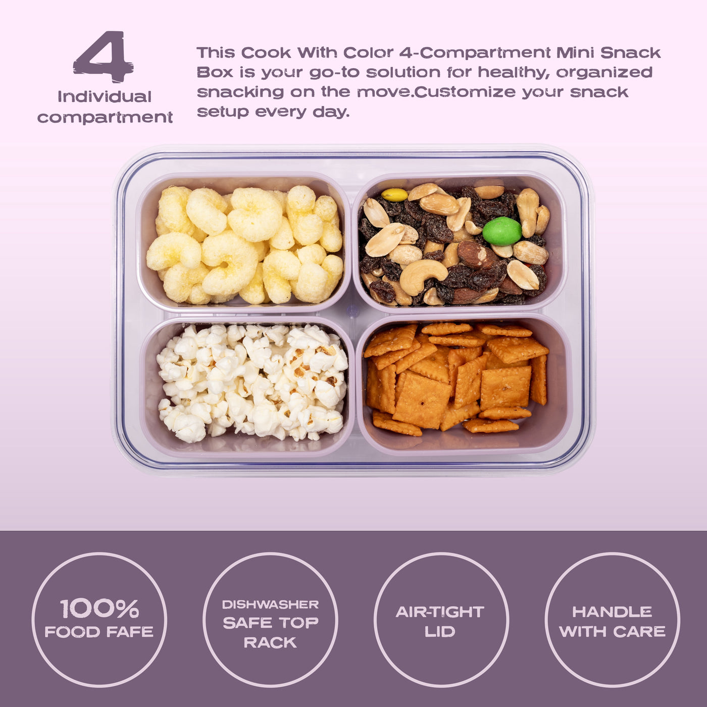 (2-pack) Cook with Color Purple Portable 4-Compartment Snack Food Storage Container, Portable and Dishwasher Safe with Ice Packs