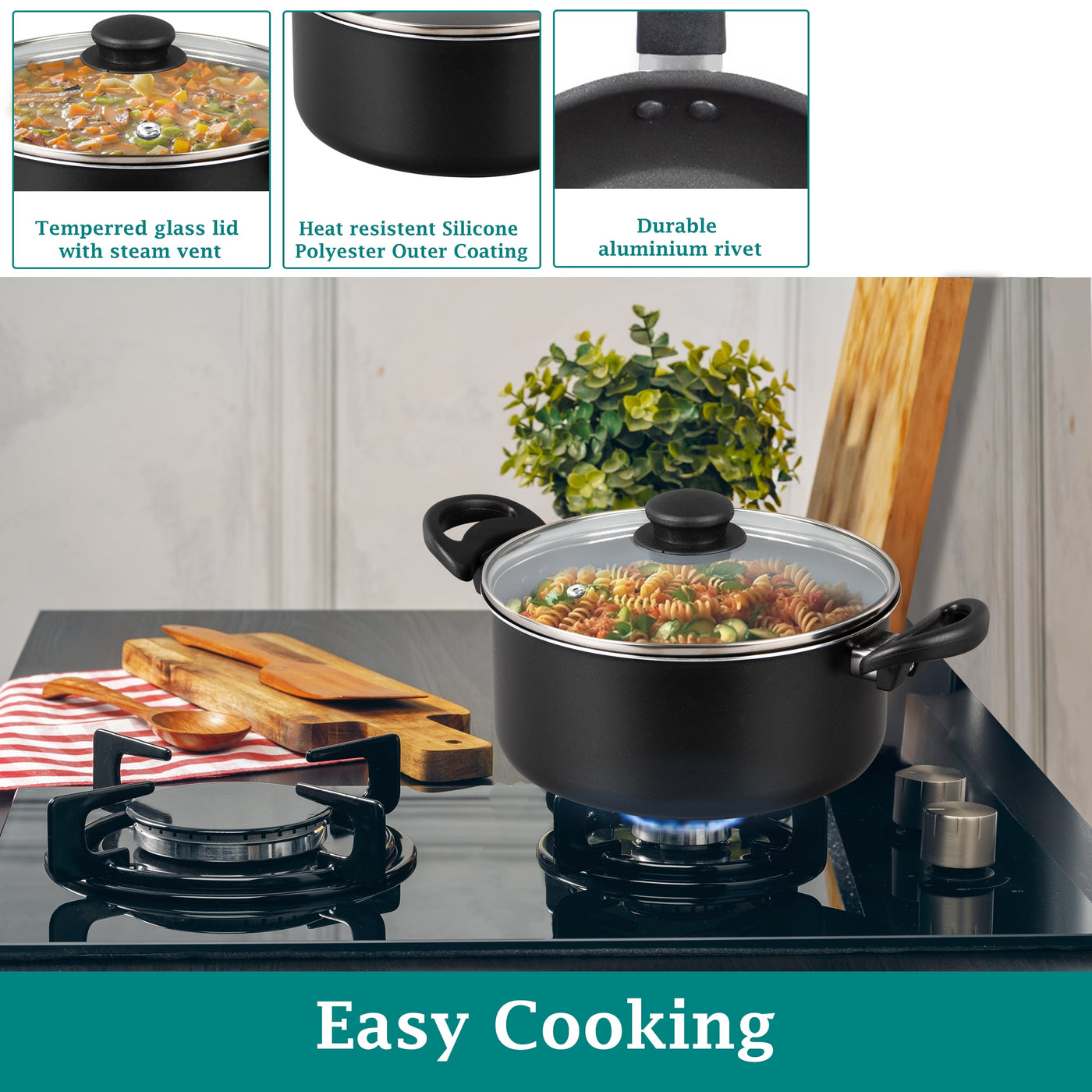 7-Piece Nonstick Aluminium, Pots and Pans Cookware Set, Black, for Frying, Boiling and Everyday Home Cooking