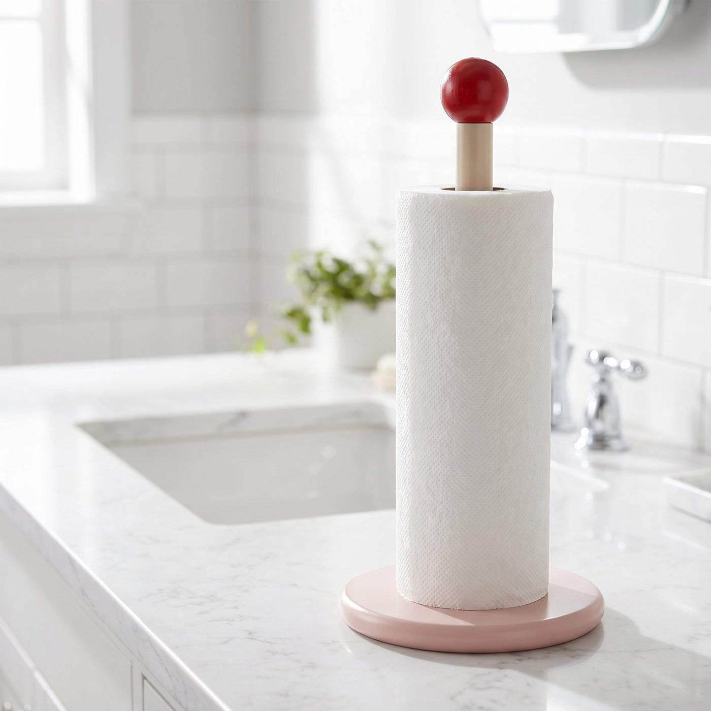 Paper Towel Holder Countertop Weighted Base Dispenser Wood Pink 12x5.9in, for Drying Dishes, Wiping Counters and Everyday Kitchen Cleaning