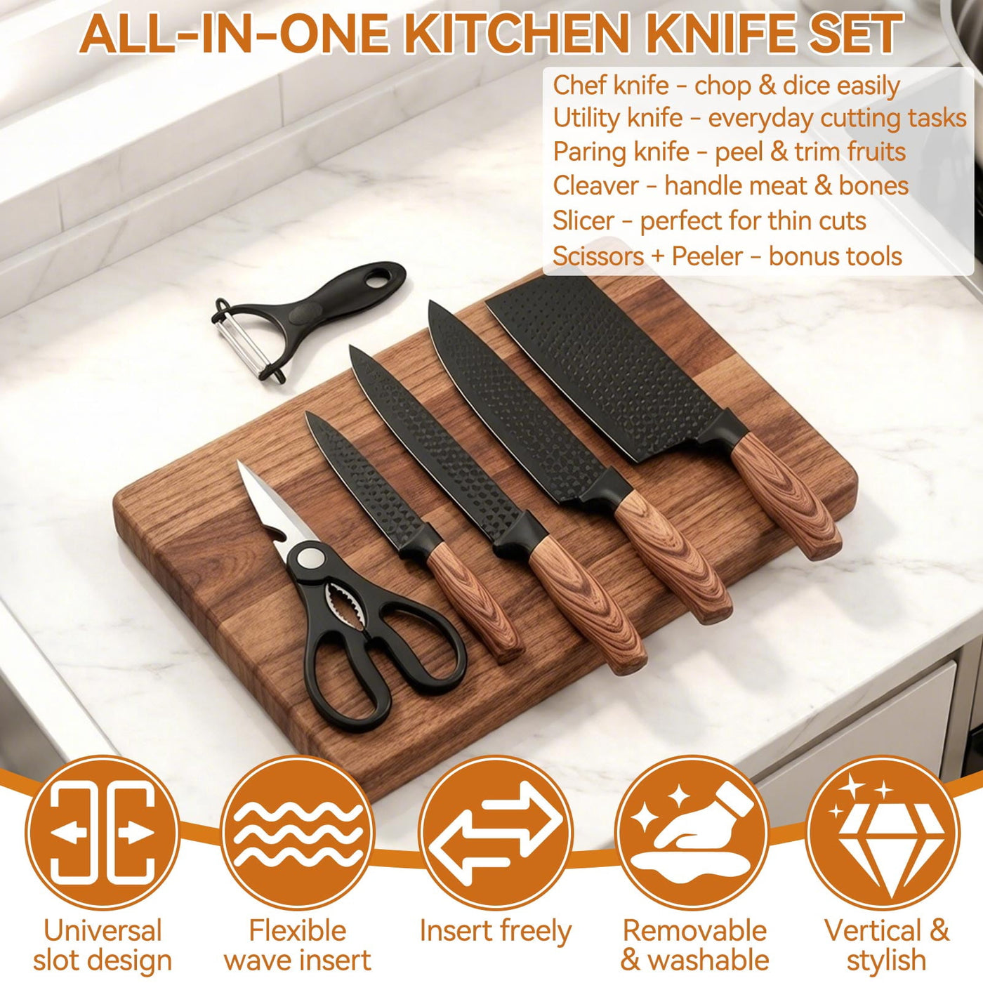 Set, 7-Piece Kitchen Knife Set with Universal Knife Block for Home Restaurant, for Chopping, Slicing and Everyday Food Preparation