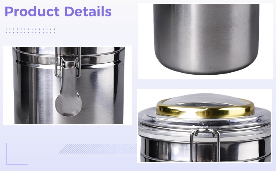 Stainless Steel Canister with Humidifier and Hygrometer, Airtight Food Storage Container, 6.8 in / 17.3 Cm High Coffee Bean Container