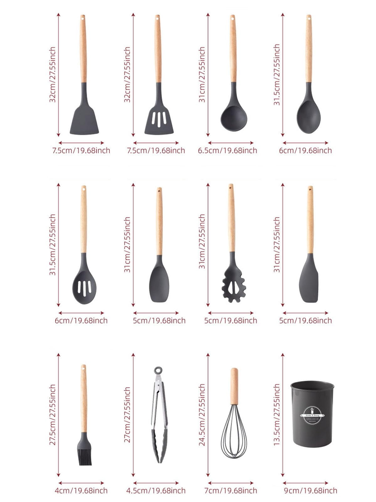 12-Piece Silicone Cooking Utensils Set with Wooden Handles, Heat Resistant Nonstick Kitchen Gadgets, Red