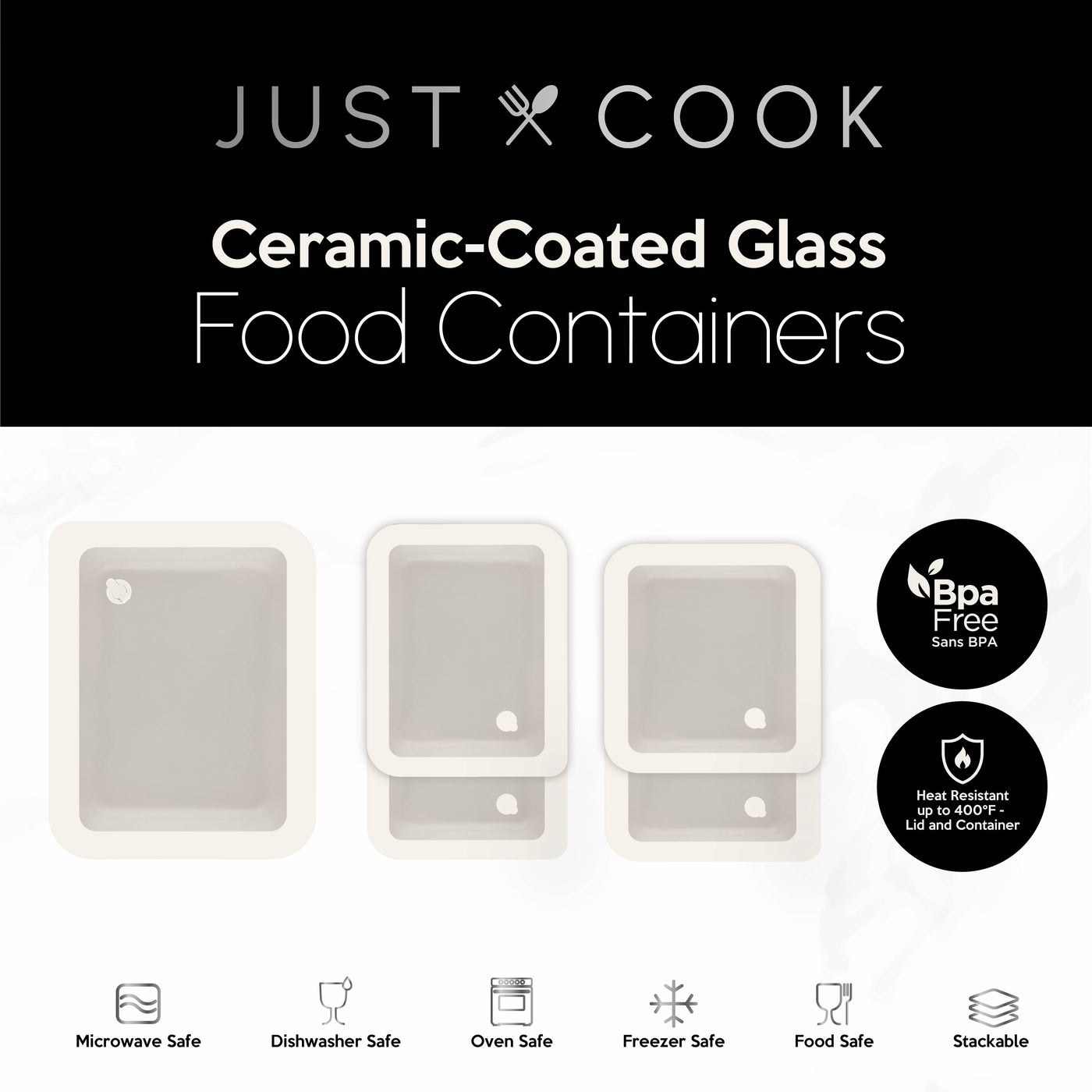 Just Cook Ceramic Glass Food Storage Container Set for Meal Prep and Leftover Storage, 10-Pack, for Pantry Organization