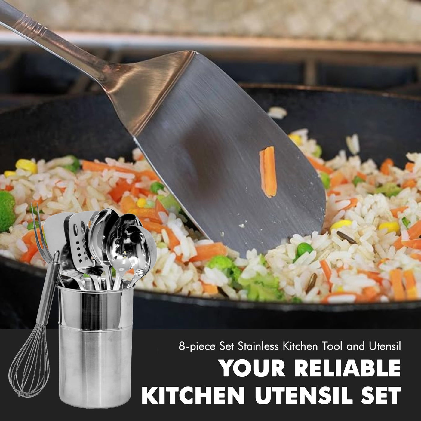 Kitchen Tool and Utensil Set, 8-Piece Set, Stainless Steel, for Cooking, Mixing, Serving and Nonstick Cookware