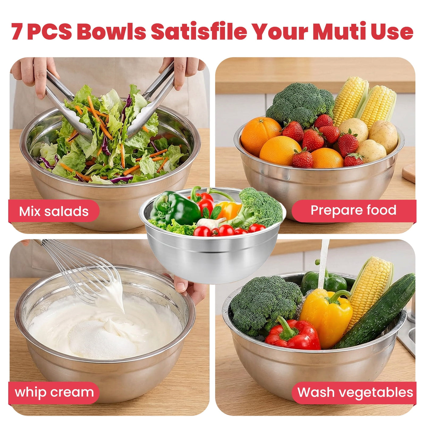 29-Piece Stainless Steel Mixing Bowls with Lids Set, with 3 Grater Attachments Size 4.5, 4, 3.5, 2.1, 1.5, 1.1, 0.7QT