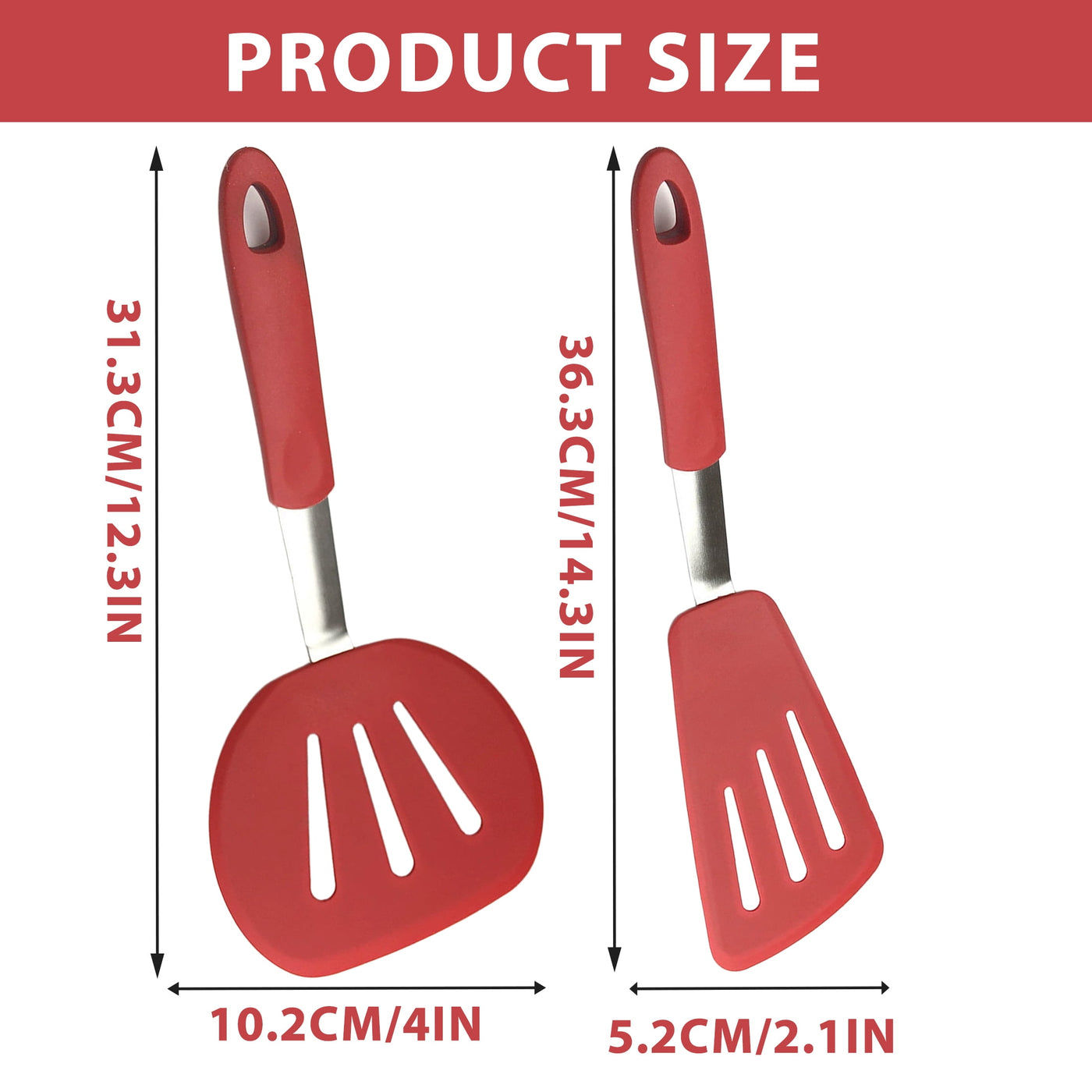 2-Pack Silicone Slotted Spatula Set for Nonstick Cookware, Heat Resistant Kitchen Turner Set for Frying, Cooking and Serving, Red
