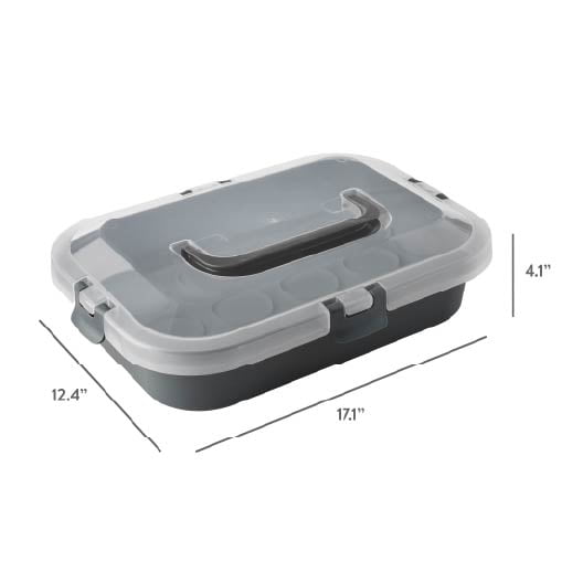 Rectangular Cupcake and Cake Carrier with Lid, Handle, Clasps and Removeable Flippible Cupcake Tray, Grey Plastic