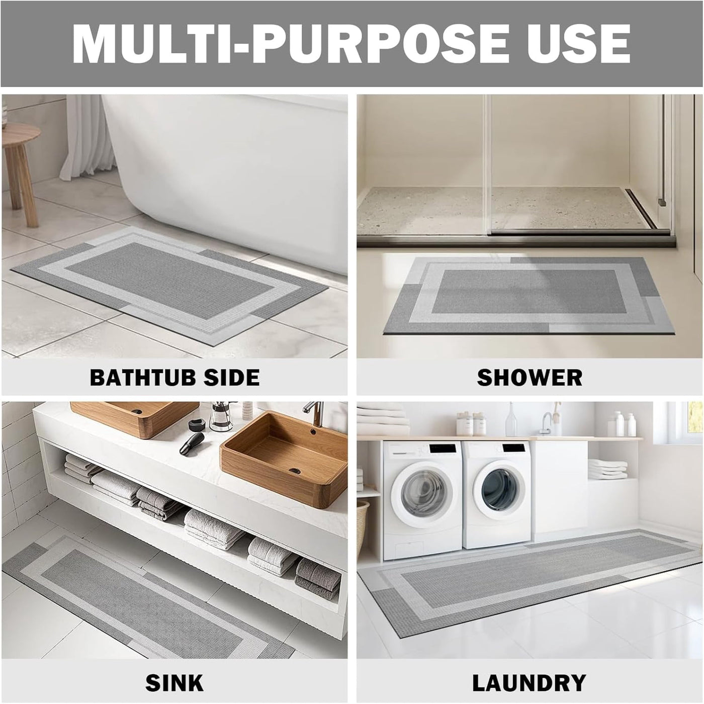 Non Slip Bath Mat Quick Dry Super Absorbent 16x24in Gray Bathroom Shower Kitchen Rug, for Everyday Home Kitchen Cooking, Storage and Organization