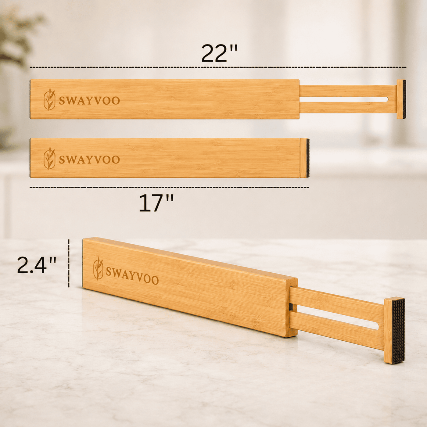 Bamboo Drawer Dividers, 4-Pack Adjustable Drawer Organizer Separators for Kitchen, Bedroom, Bathroom, Cabinet, Office and Dresser Storage (17–22"