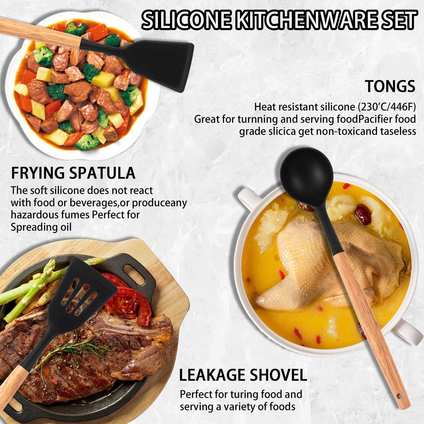20-Piece Silicone Stainless Steel Cooking Utensils Set -multifunctional Kitchen Utensil Set, Black, for Cooking, Mixing, Serving and Nonstick Cookware