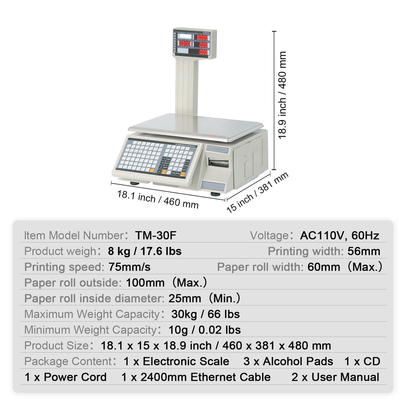 Kffkff Electronic Cost Calculation Scale, 66 Lb Digital Grocer Weighing Scales, LCD and LED Digital Commercial Food, Fruit