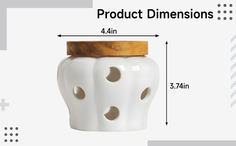 White Ceramic Garlic Keeper Jar Container, 4.4 X 3.7 in / 11.2 X 9.5 Cm Food Storage with 12 Vents and Wood Lid