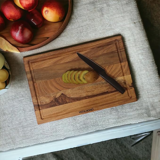 Vesta Homes Wooden Edge Grain Cutting Board/Chopping, Serving Board/Block for Vegetables, Fruits, Cheese and Charcuterie | Natural Acacia Wood | 15 *