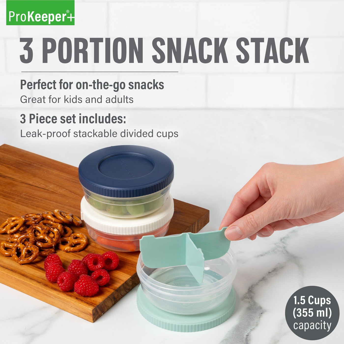 + Plastic 3 Portion Snack Stack Food Storage Container, Ideal Use for Workday Meals and Travel, for Pantry Organization