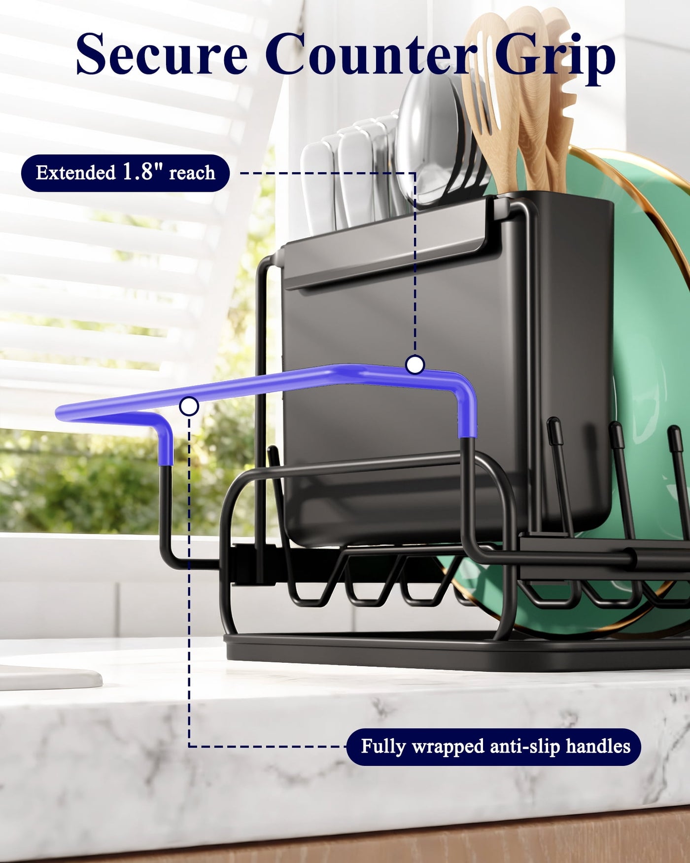 Dish Drying Rack with Drying Tray, Over Sink Dish Rack for Kitchen Counter, Removable Utensils Holder, Fits 14"-20.9" Sink, Black