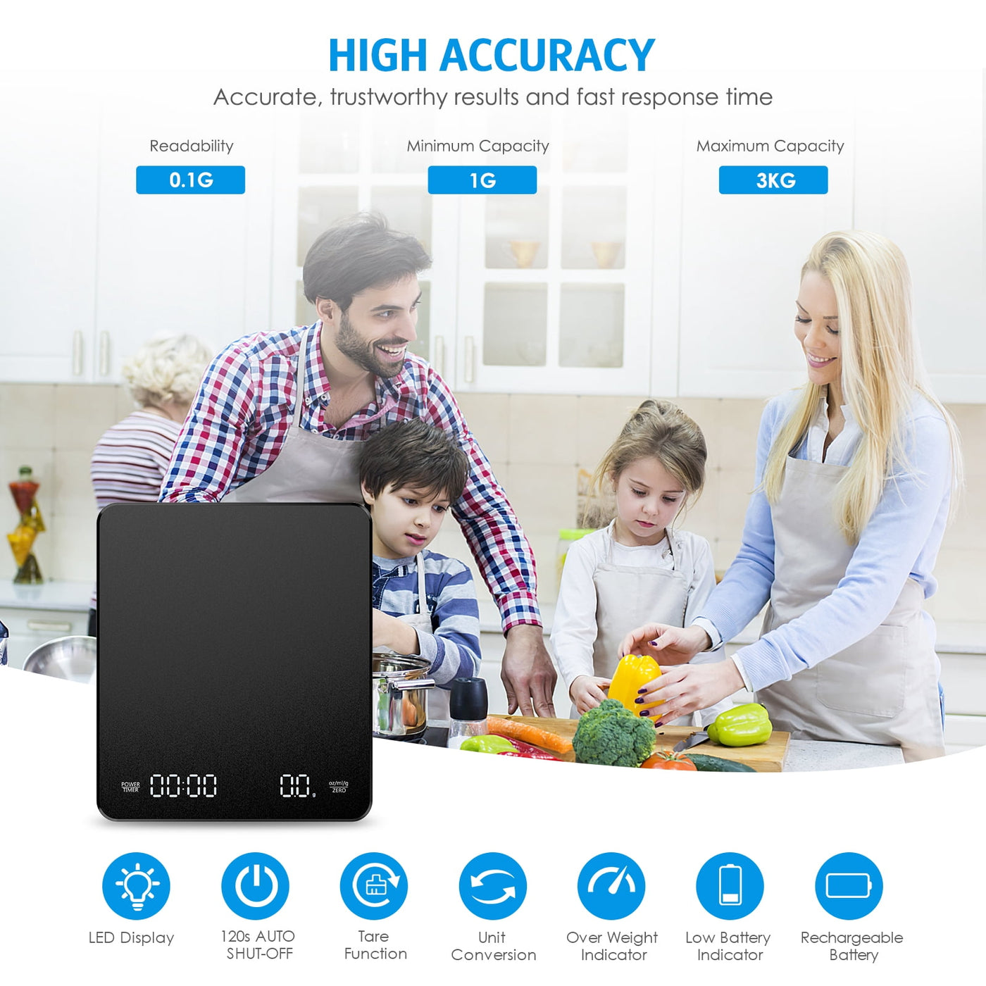 Digital Scale, Amir 3kg/0.1g Coffee Scale Rechargeable Pour-over Digital Coffee Scale with Touch Sensor LED Display Precise Scale for Kitchen Home