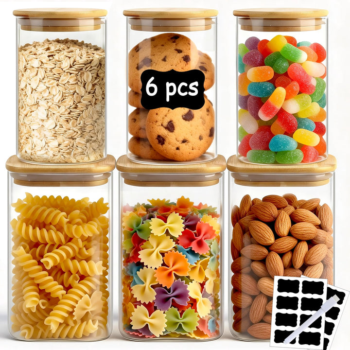 6-Pack Glass Storage Jars Set, 23oz and 37oz Clear Glass Food Storage Containers with Airtight Bamboo Lid, Stackable Kitchen Canisters for Candy