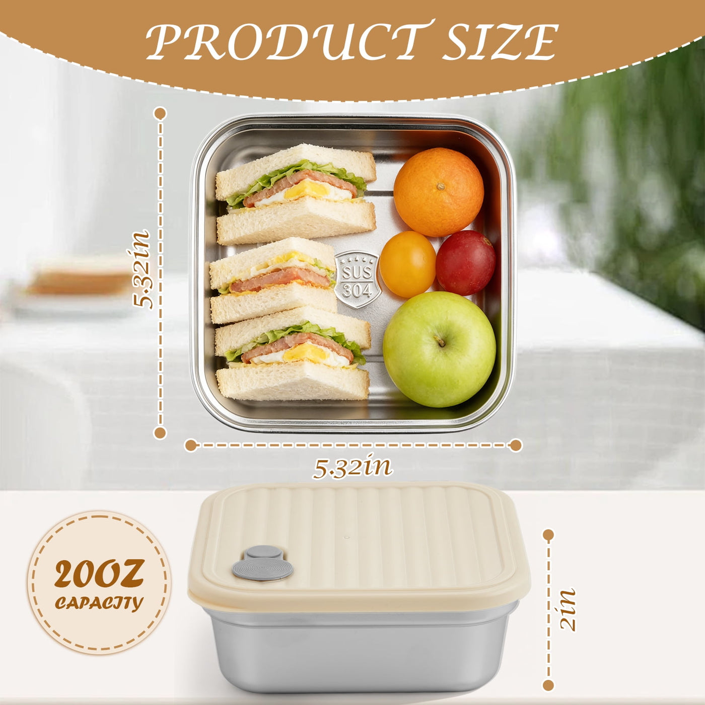 2-Pack Sandwich Containers, 20oz Stainless Steel Sandwich Box with Lids, Reusable Metal Meal Prep Lunch Boxes, BPA-FREE