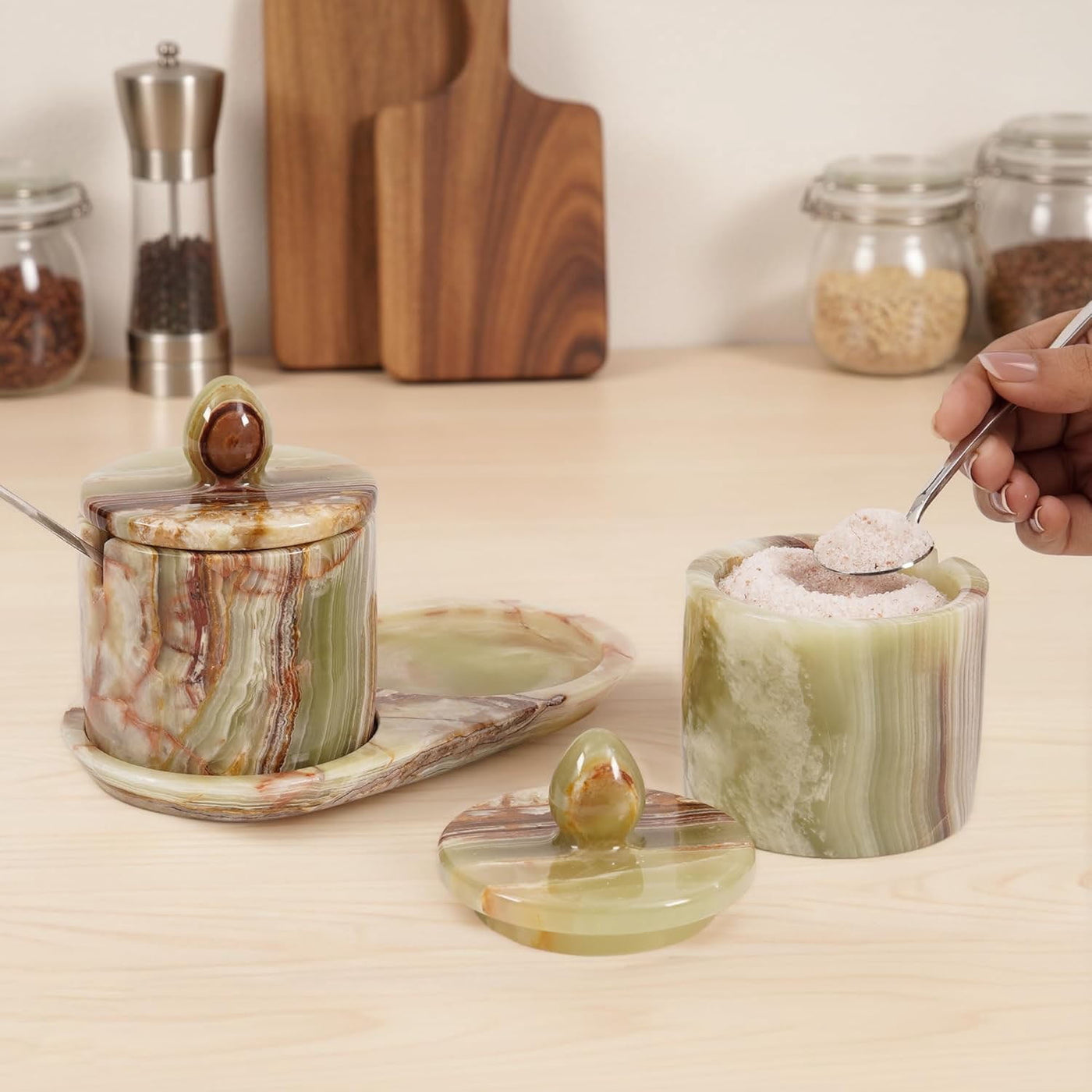 Marble Salt Cellar with Lid 4 Inch Green Handmade Set of 2 Seasoning Jars with Tray, Ideal Table Salt Container Salt Dish and Sugar Bowl for Kitchen