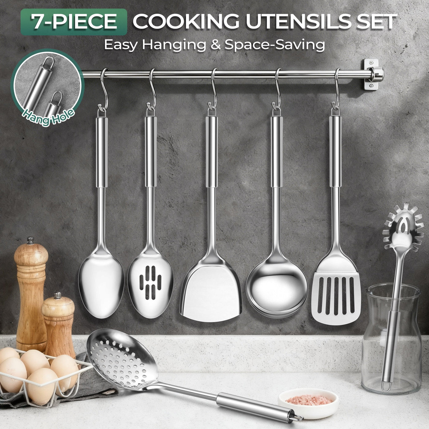 Kitchen Utensils Set, 7-Piece Stainless Steel Cooking Tools, Metal Kitchen Tools Set, Heat Resistant and Dishwasher Safe
