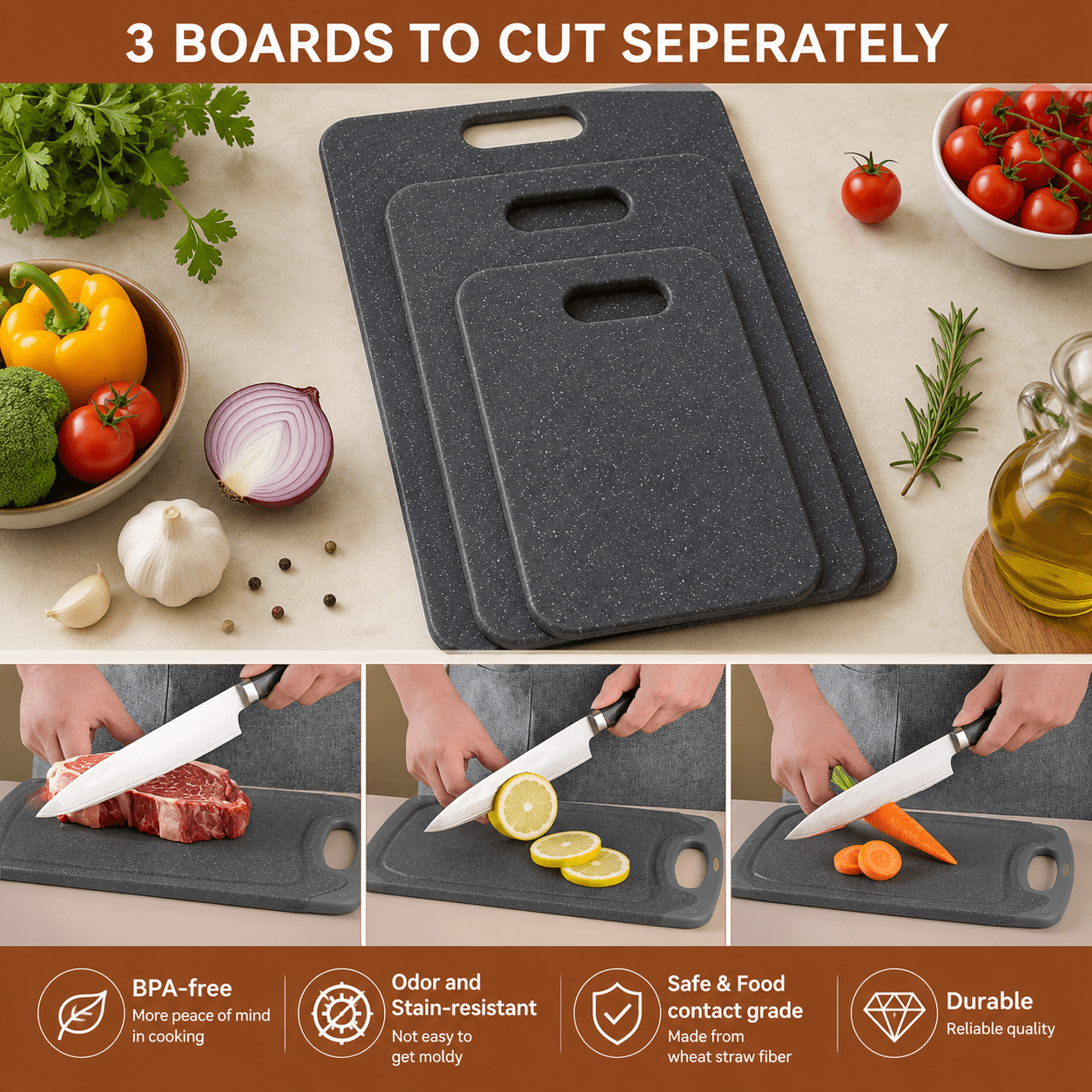 Large Cutting Boards, 3-Piece Plastic Cutting Boards for Kitchen, Thickened Chopping Boards, Dishwasher Safe, Heavy-duty Prep Boards for Meat, Veggies