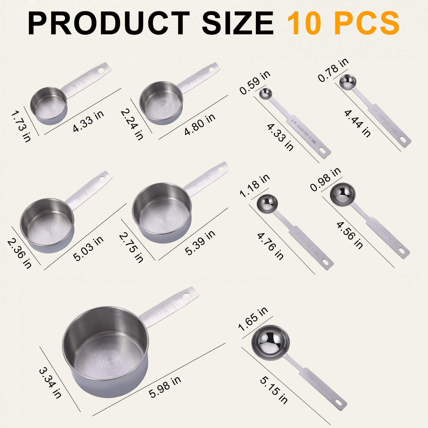Measuring Cups and Spoons Set of 10, 5 Stainless Steel Cups and 5 Spoons for Kitchen Cooking Baking, for Cooking, Mixing