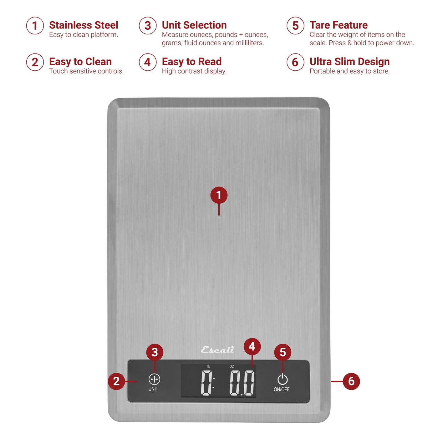 T115s Ultra Thin Kitchen, Office, Herb Scale, Tare Functionality, LCD Digital Display, 11lb Capacity, Silver