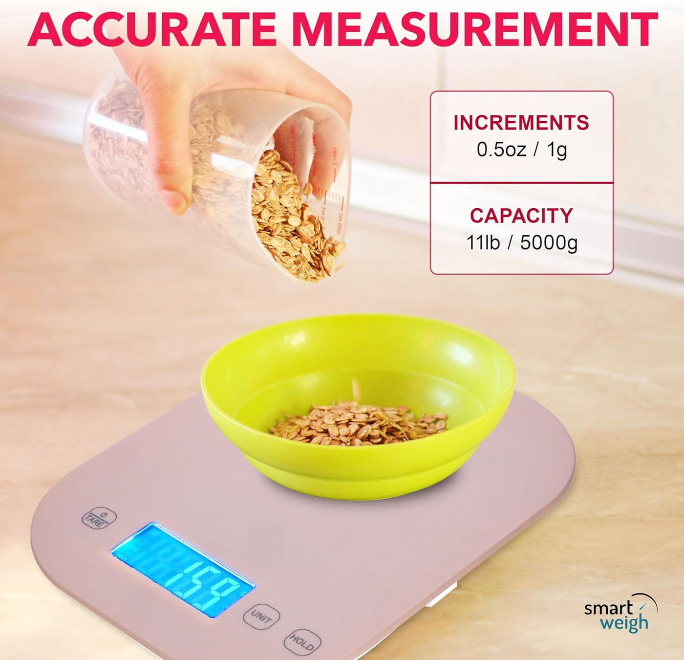 Smart Weigh Digital Food Scale Grams and Ounces, Sound Beep Feedback for Meal Prep Scale for Calorie Counting Cooking Necessity, Pink
