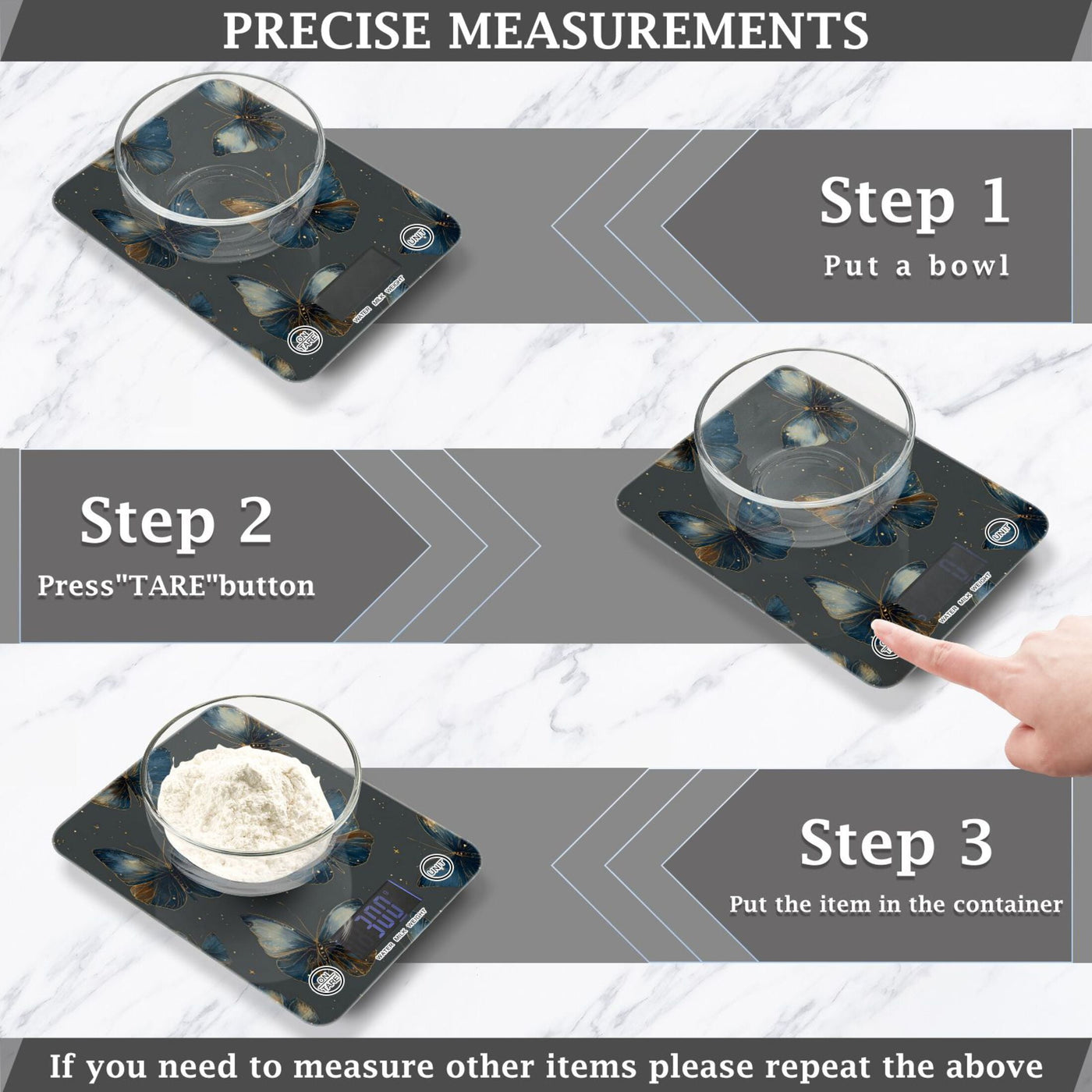 High Precision Digital Kitchen Scale Tempered Glass Food Scale Multifunction Scale Small Kitchen Appliances Brown-blue Butterfly Pattern