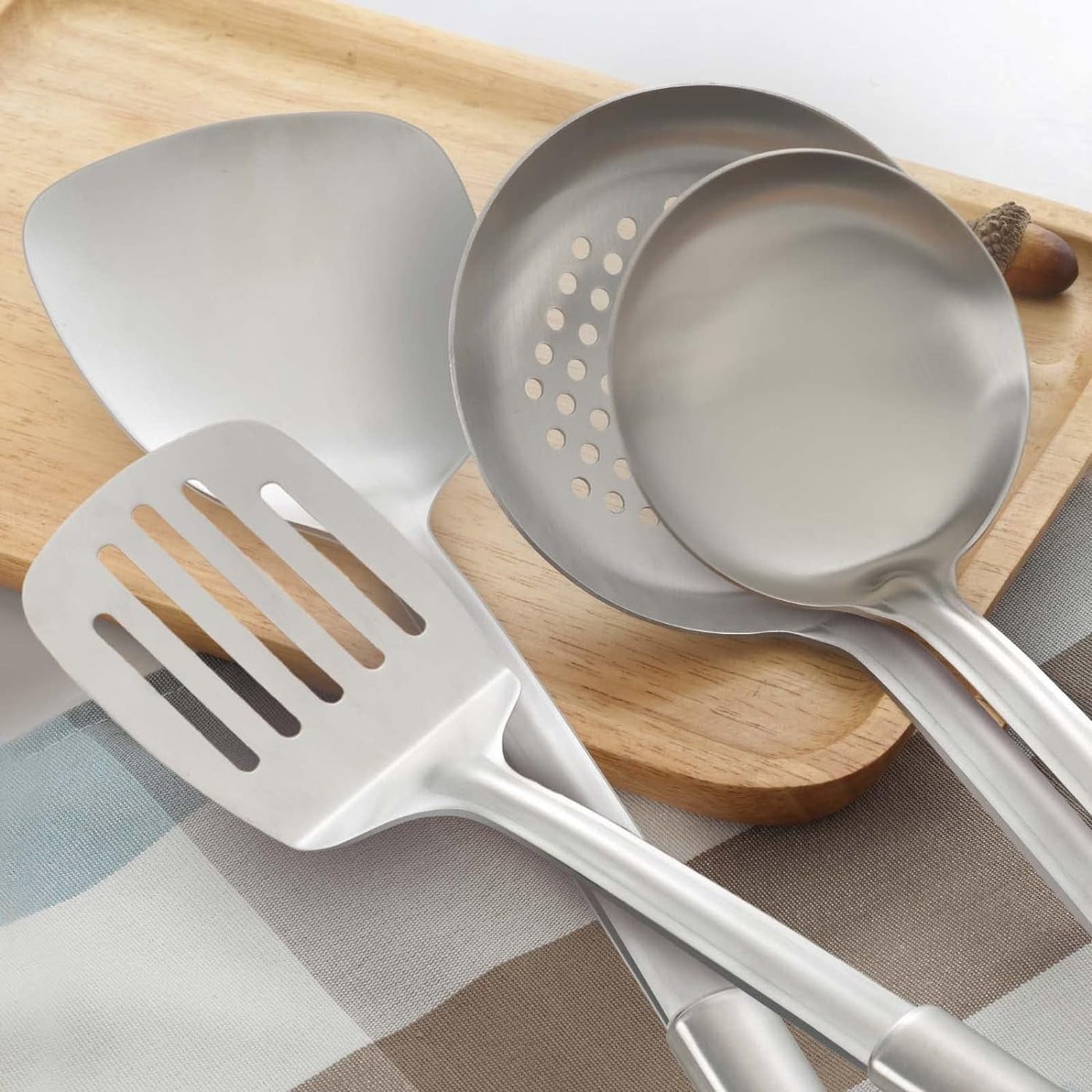 4-Piece Cooking Utensils Set, 304 Stainless Steel Kitchen Utensils, Include Wok Ladle, Slotted Spoon, Wok Spatula and Slotted Spatula, Dishwasher Safe