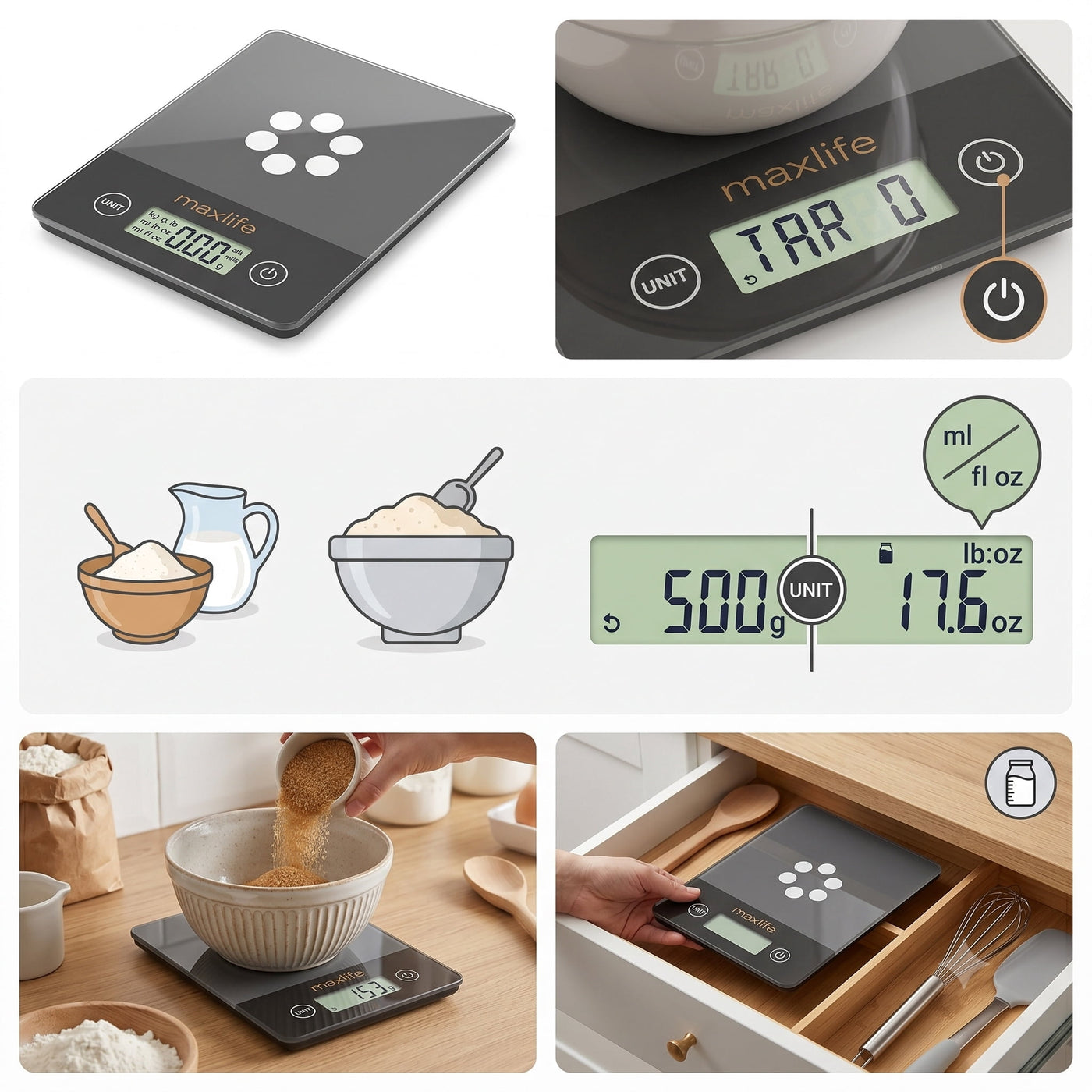 Max Life Digital Scale -tempered Glass, High Accuracy, Tare, Multi-unit Measurement Kitchen Scale, for Accurate Kitchen, Food and Portion Weighing