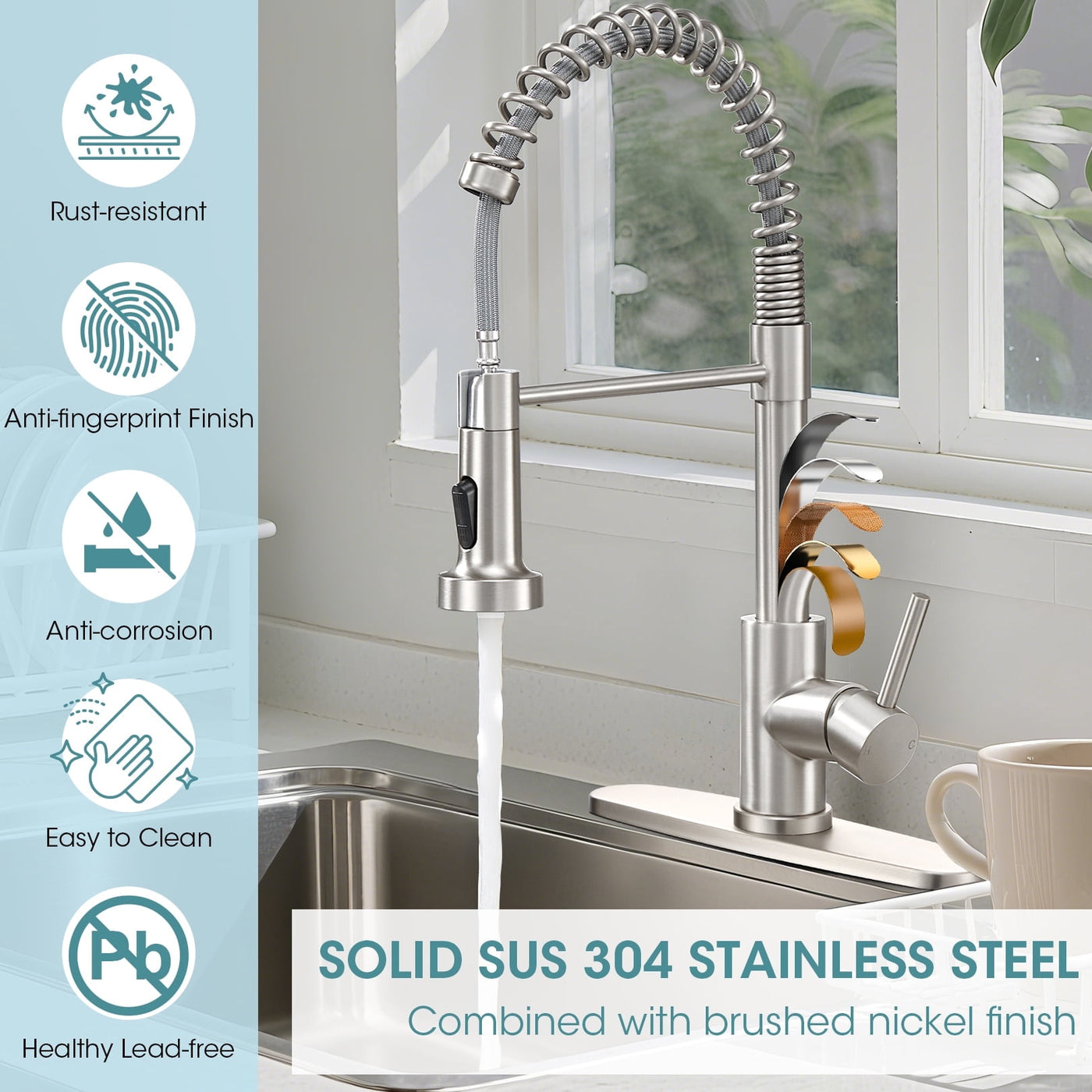 Sanitary Ware 304 Stainless Steel Kitchen Faucet with Pull Out Sprayer, 2 Water Modes Single Handle Kitchen Sink Faucets with Deck Plate for Laundry