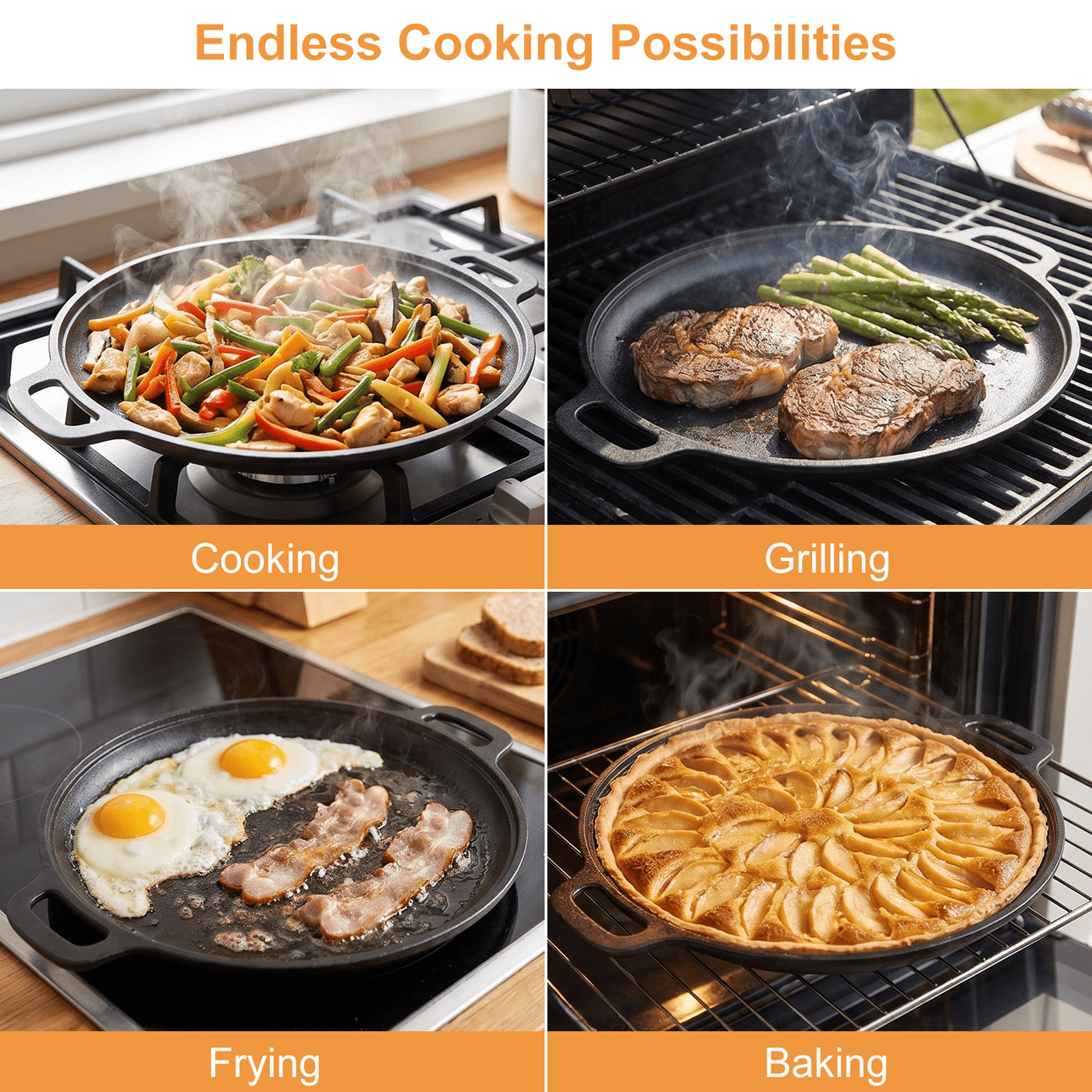 Round Cast Iron Skillet, Taimasi 12'' Pre-seasoned Cast Iron Frying Pan with Dual Handle, Oven Safe Pizza Pan for Grill, Bbq, Roasting