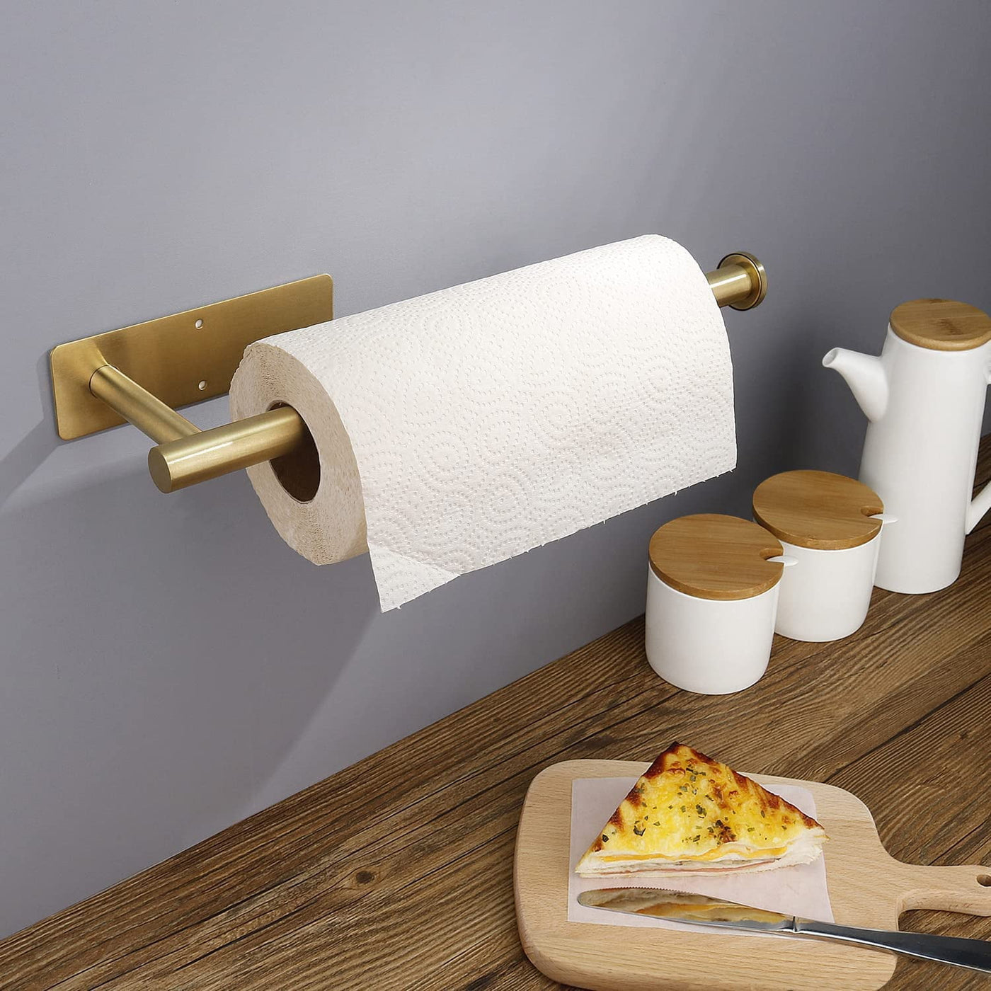 Gold Sus304 Stainless Steel Paper Towel Holder, Adhesive Punch-free Under Cabinet Tissue Roll Rack, Matte Metal Wall Mount Organizer for Kitchen
