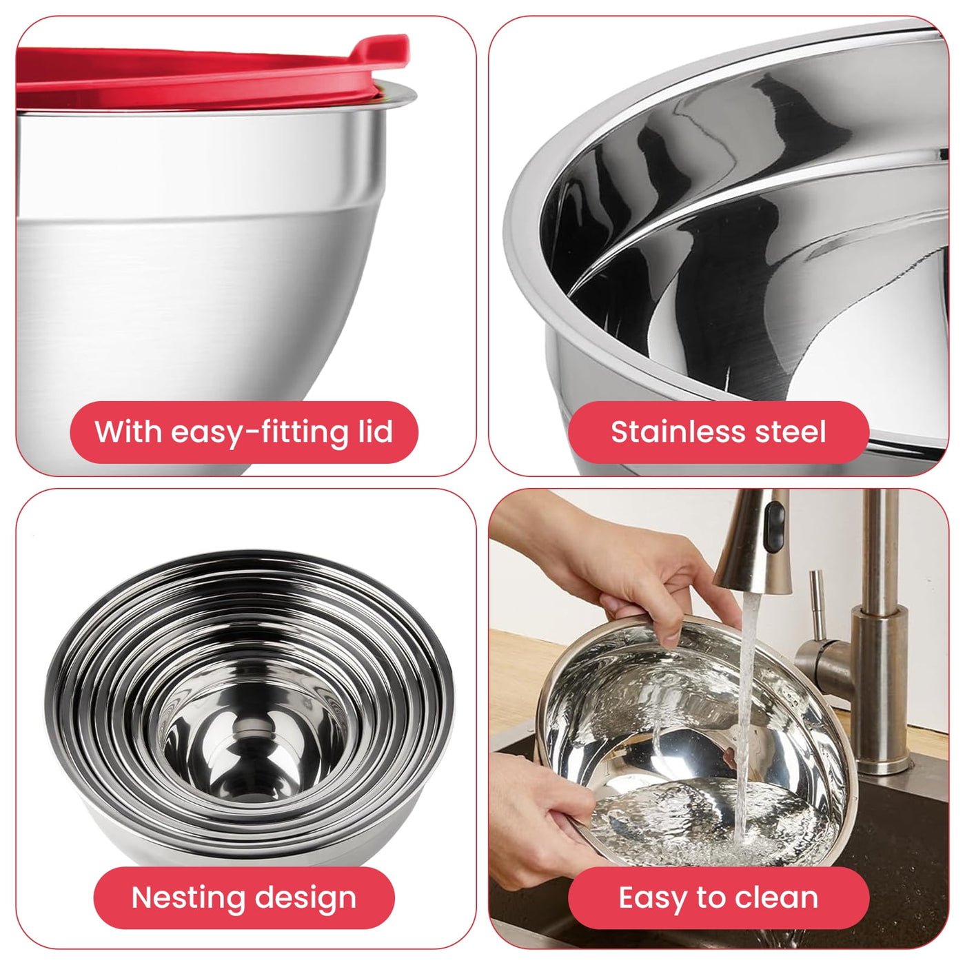 29-Piece Stainless Steel Mixing Bowls with Lids Set, with 3 Grater Attachments Size 4.5, 4, 3.5, 2.1, 1.5, 1.1, 0.7QT