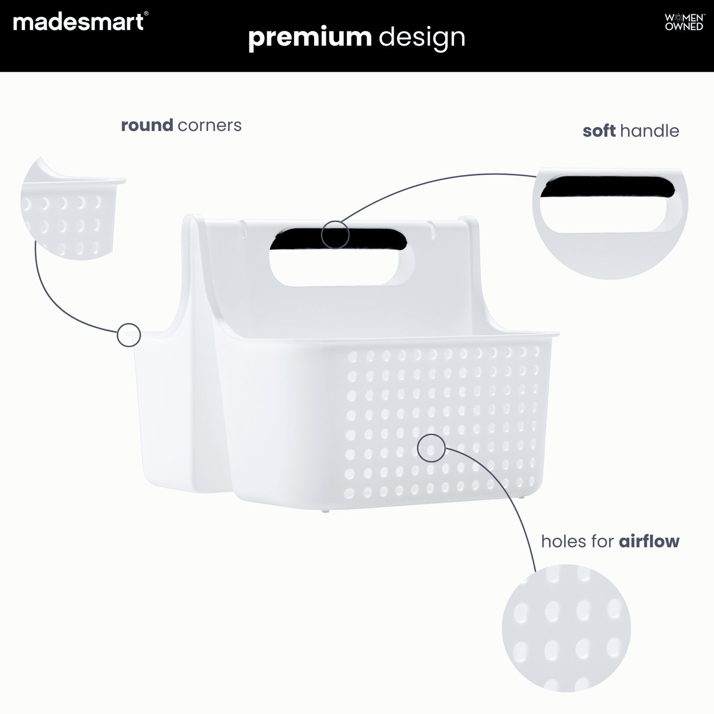 Soft Handle Tote, Kitchen Undersink Organization, Brushes and Dish Soap Storage, Ventilation Holes, White