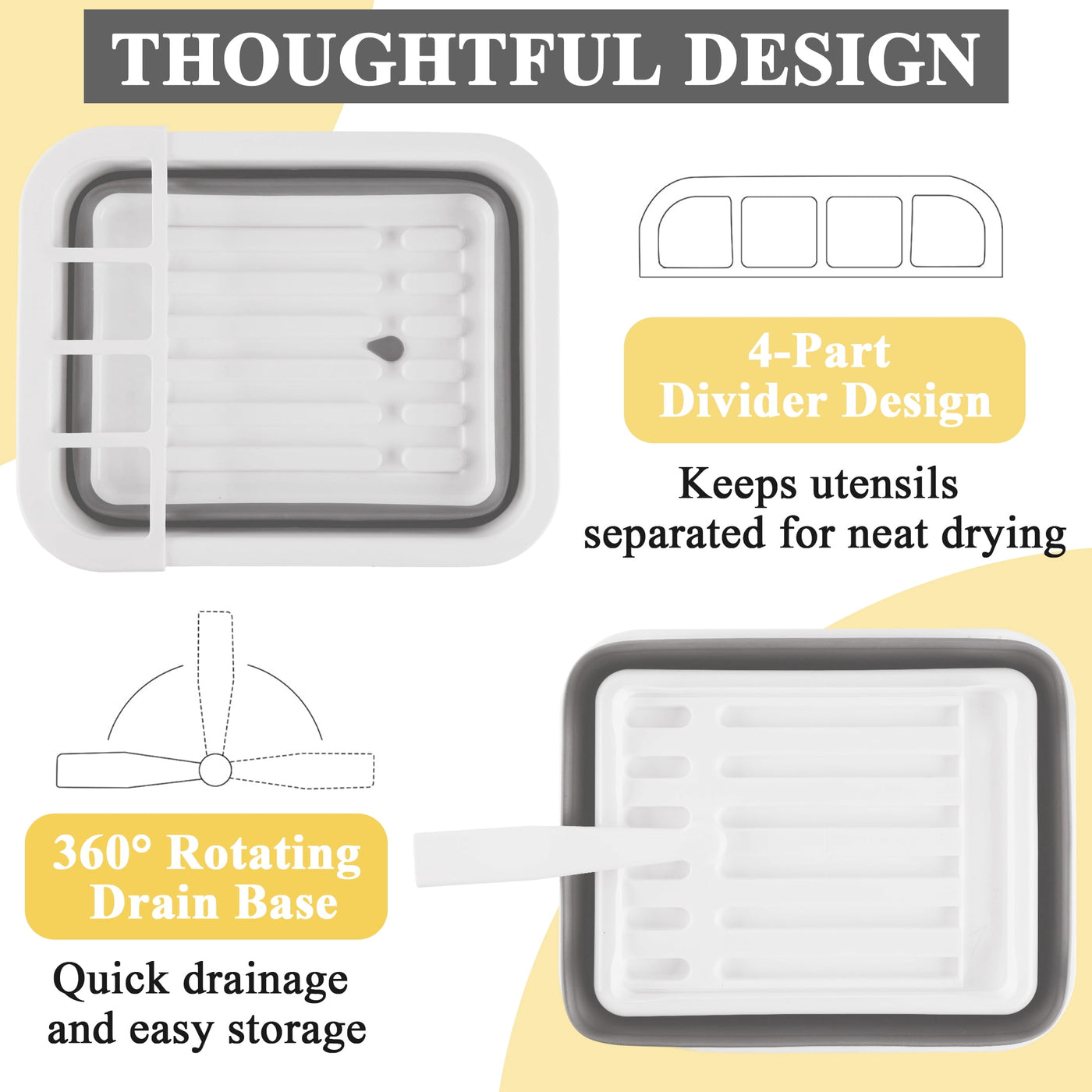 Dish Drying Rack, Portable 4-Compartment Dish Drainer with Drainboard, Utensil and Plate Organizer, Space-saving Kitchen Storage Tray for Counter, RV