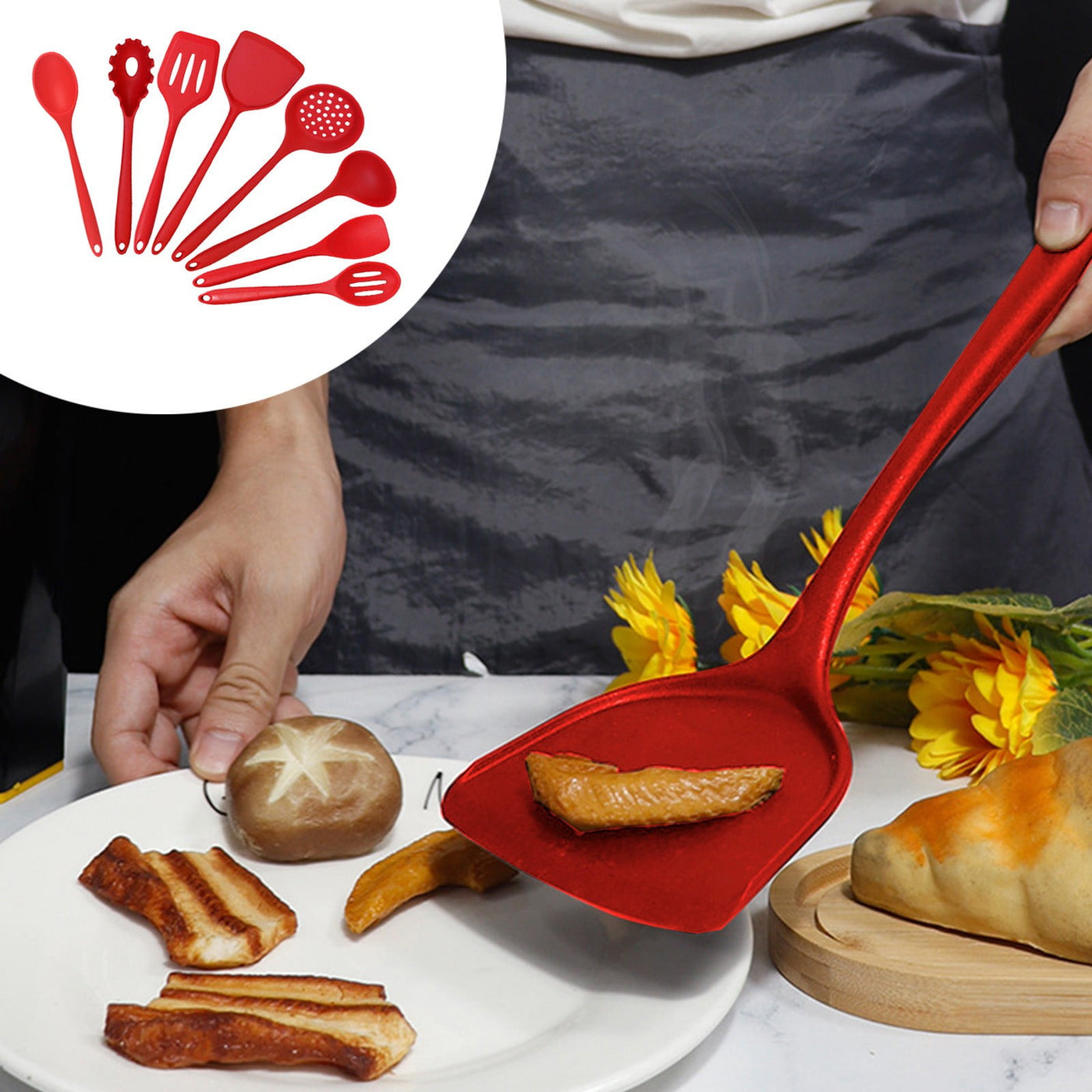 8-Piece Kitchen Cooking Utensils Set, Nonstick Pot Hot-proof Kitchen Utensils Spoon Shovel Set Multi-purpose Cooking Pot Shovel Spatula Colander Set