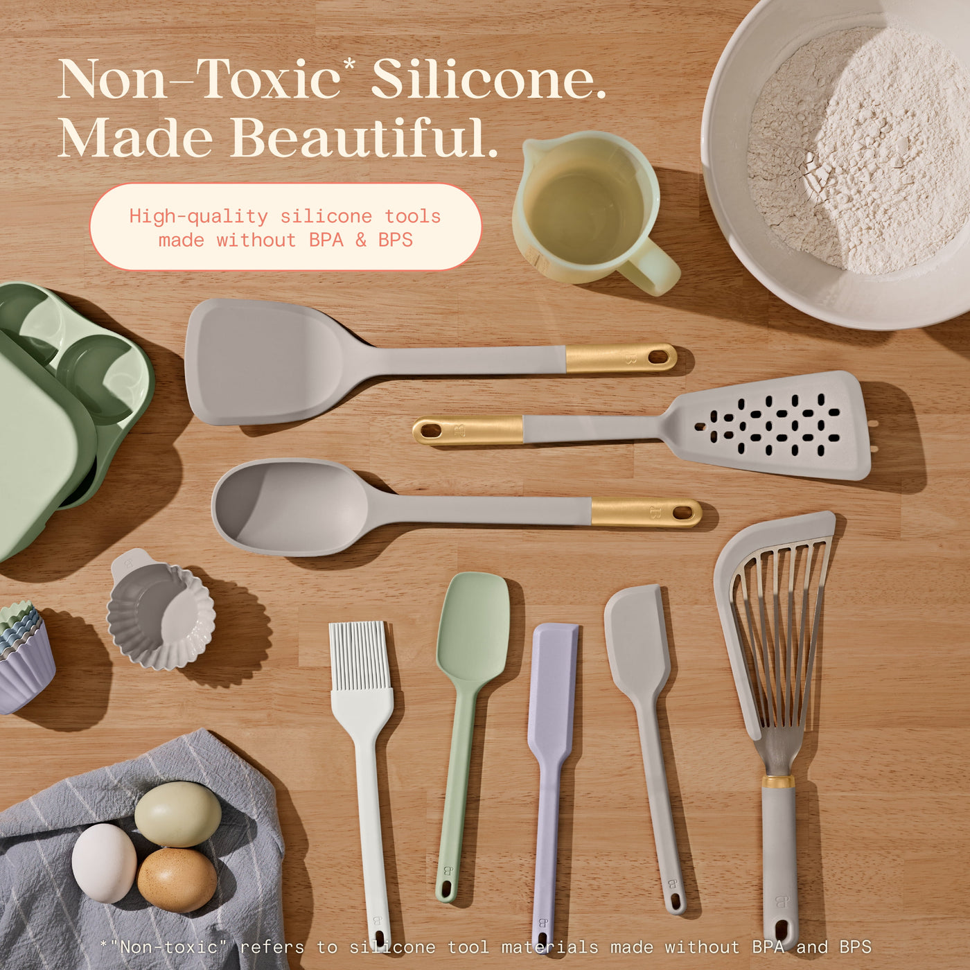 Beautiful 6-Piece Silicone Kitchen Utensil Tool Set with Rotating Rack By, Porcini Taupe, for Cooking, Mixing, Serving and Nonstick Cookware