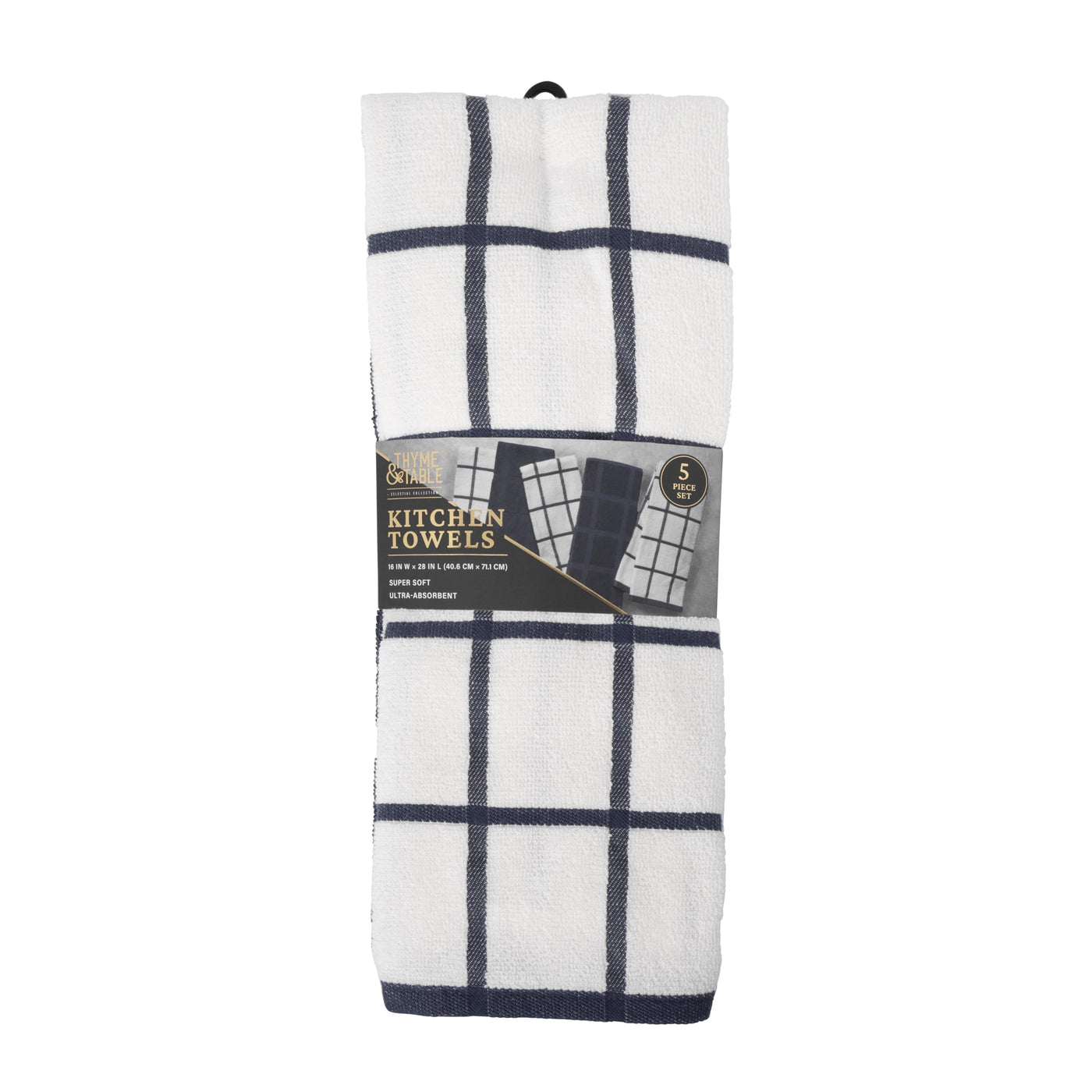 Kitchen Towels, Navy Windowpane, 5-Pack Set, for Drying Dishes, Wiping Counters and Everyday Kitchen Cleaning