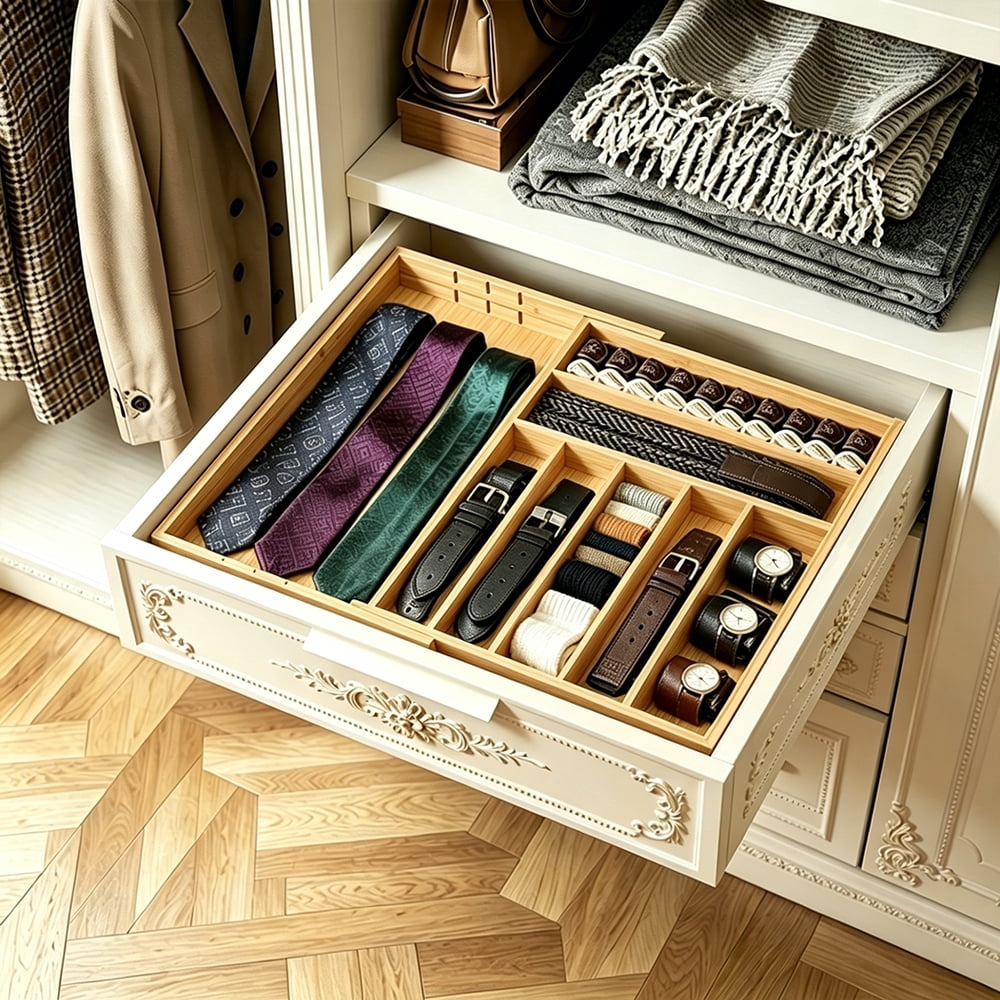 Bamboo Silverware Drawer Organizer with Labels, Expandable Kitchen Utensil Tray for Cutlery, Spoons and Knives, 10 Slot Drawer Organizer (natural)