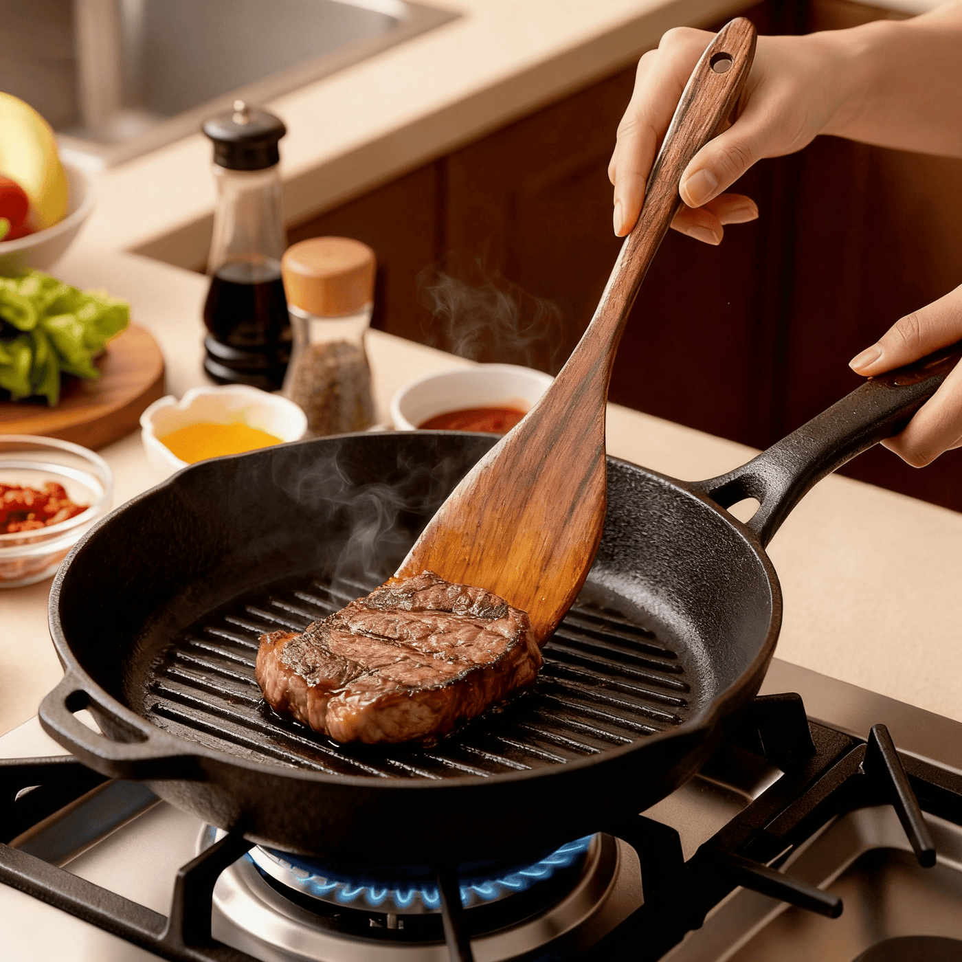 5-Piece Wooden Cooking Utensils Set, Natural Teak Kitchen Tools for Nonstick Cookware, Heat-resistant Wood Spatula, Turner, Skimmer, Salad Fork