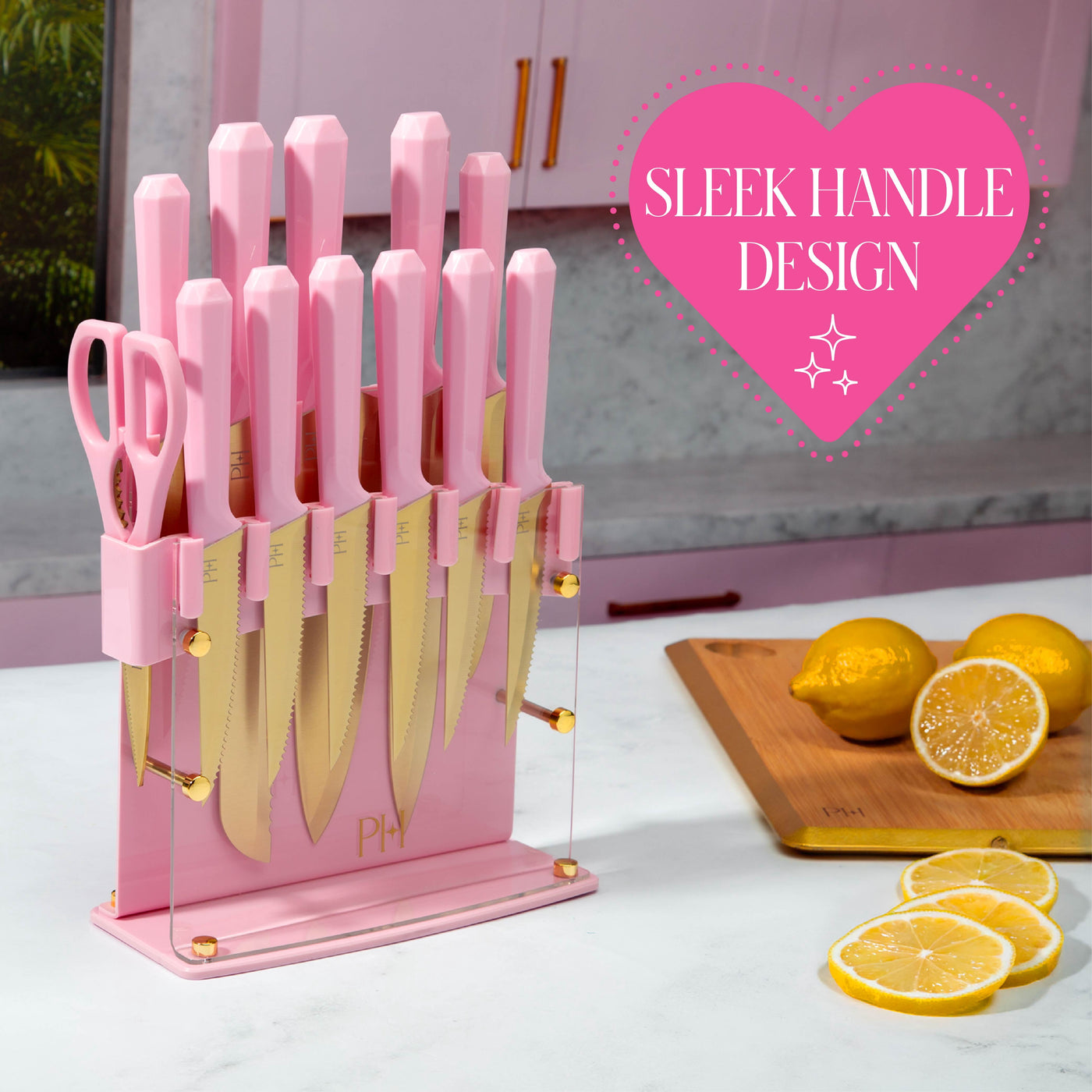 13-Piece Knife Block Set with Acrylic Shield, Gold Titanium-coated Stainless Steel Blades, Pink Faceted Handles