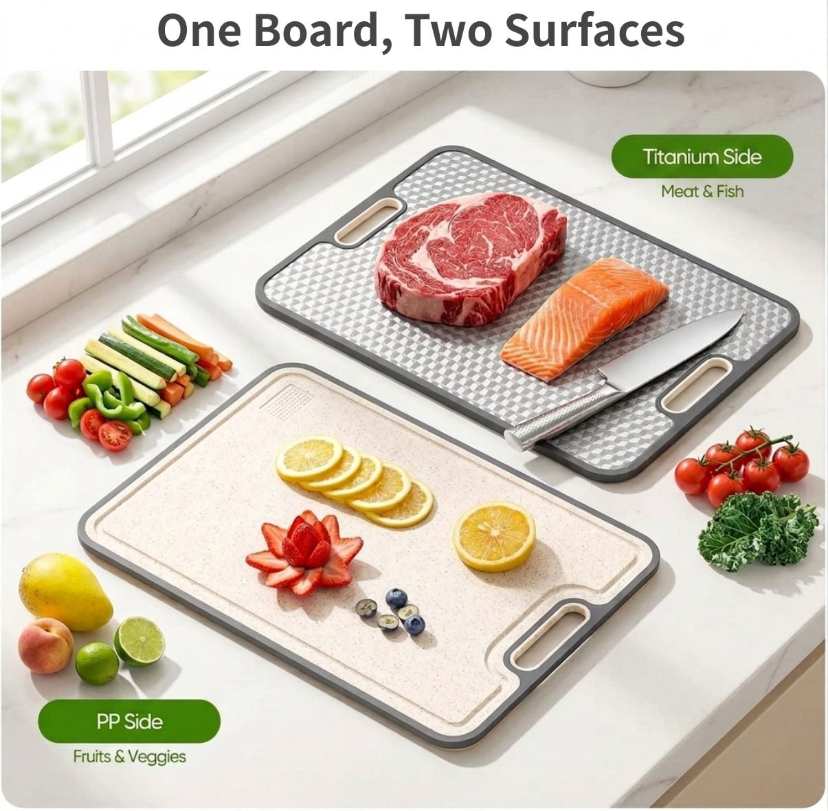 Titanium Cutting Board for Kitchen Double-sided Chopping Boards 16"x11", for Meat, Fruit and Vegetable Food Preparation