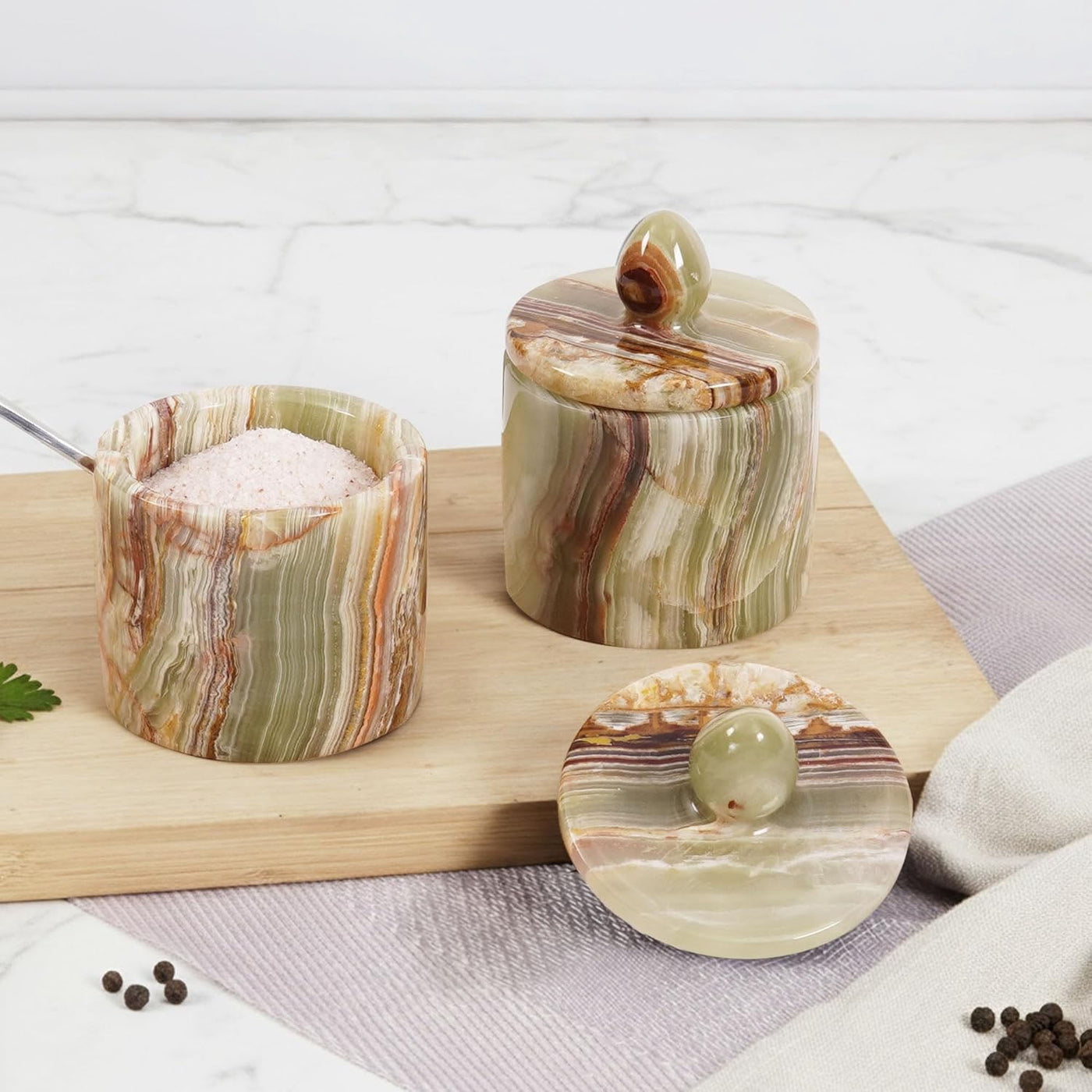 Marble Salt Cellar with Lid 4 Inch Green Handmade Set of 2 Seasoning Jars with Tray, Ideal Table Salt Container Salt Dish and Sugar Bowl for Kitchen